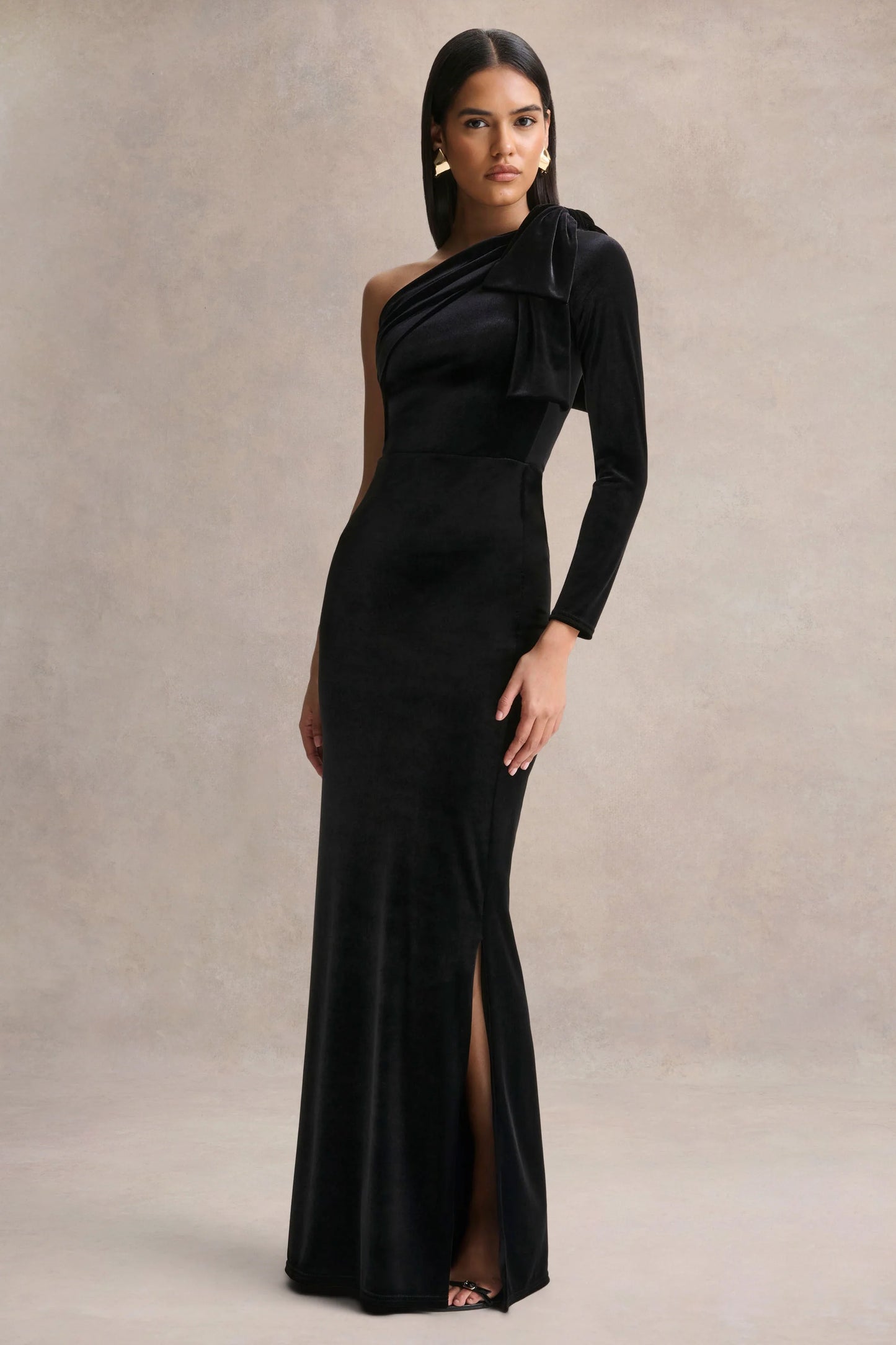 Farryn Black Asymmetric-Neck Maxi Dress With Bow Detail