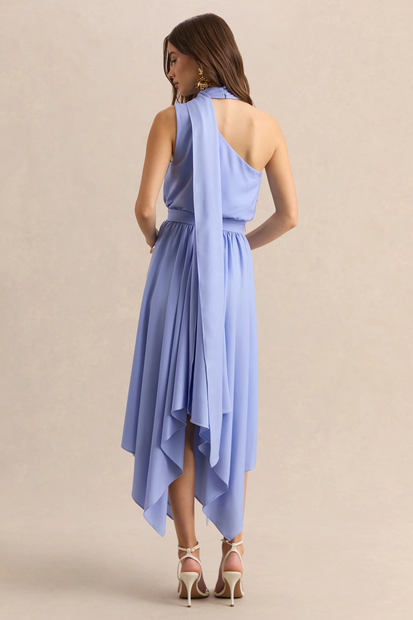 Caluna Powder Blue Satin Asymmetric-Neck Midi Dress With Scarf-Detail