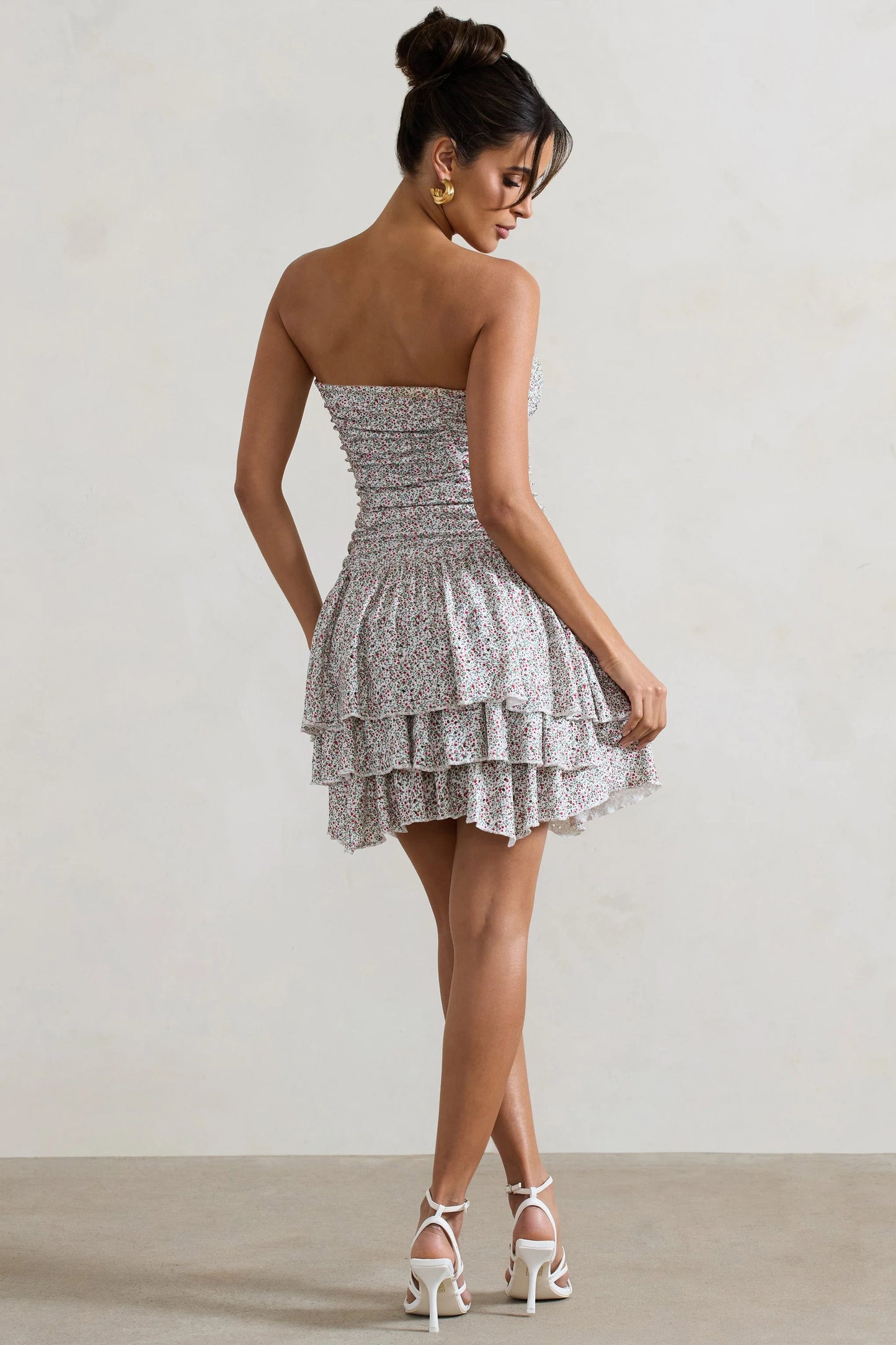 Casena Red & White Floral Print Strapless Ruffle Hem Mini Dress