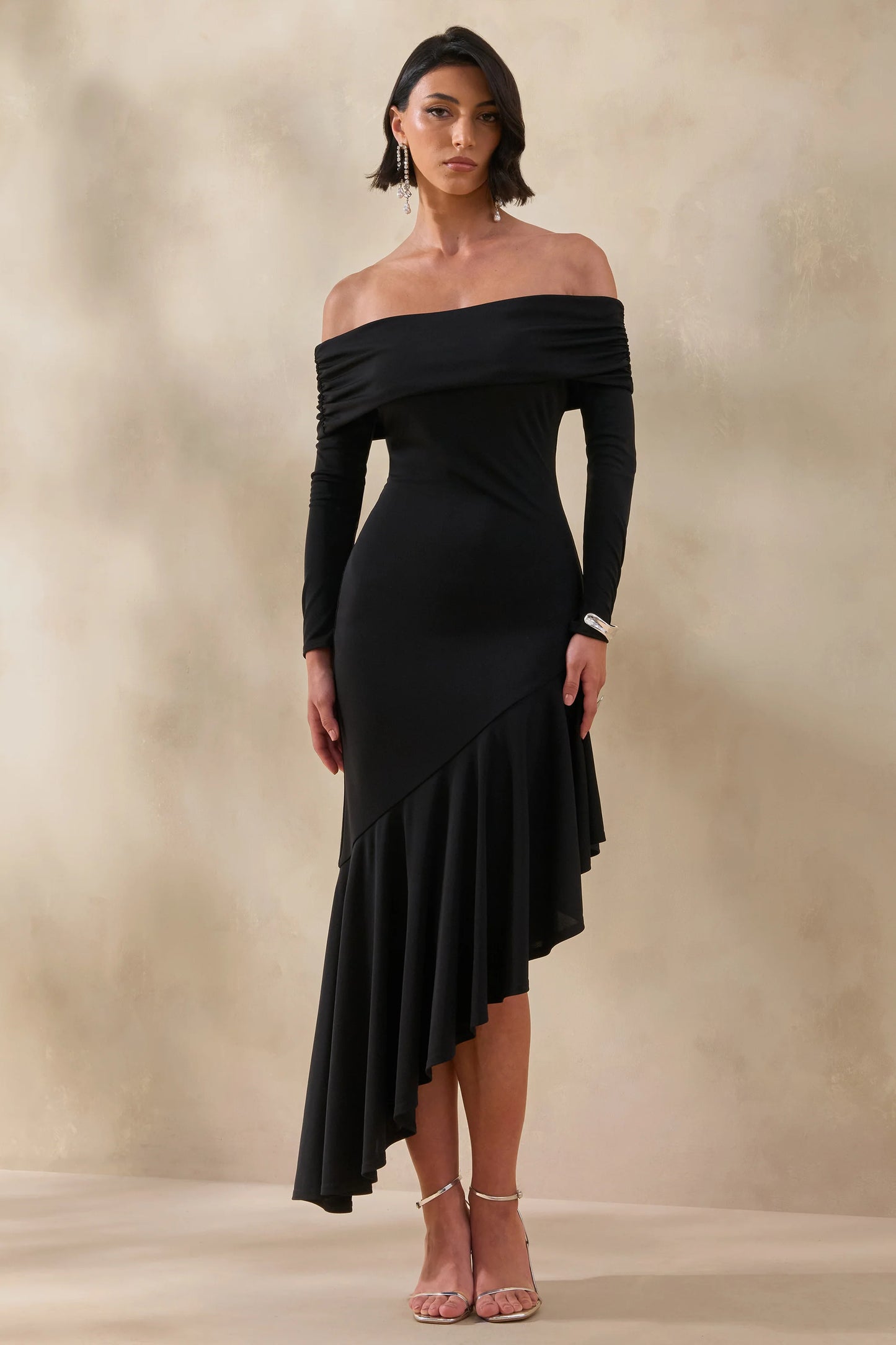 Goldara Black Bardot-Neck Maxi Dress With Ruffled Asymmetric-Hem