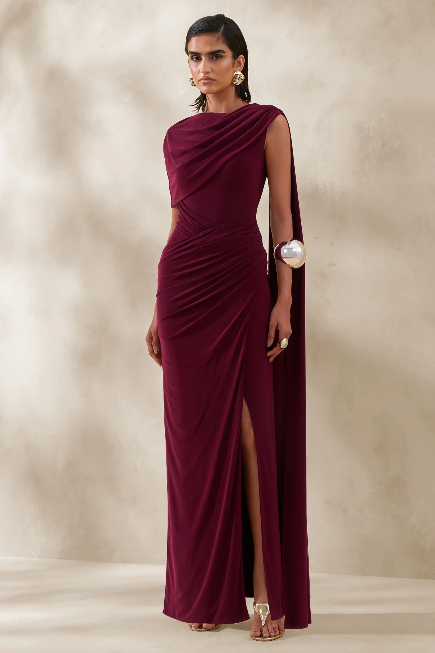 Palomara Burgundy Round-Neck Maxi Dress With Sash And Front-High Split