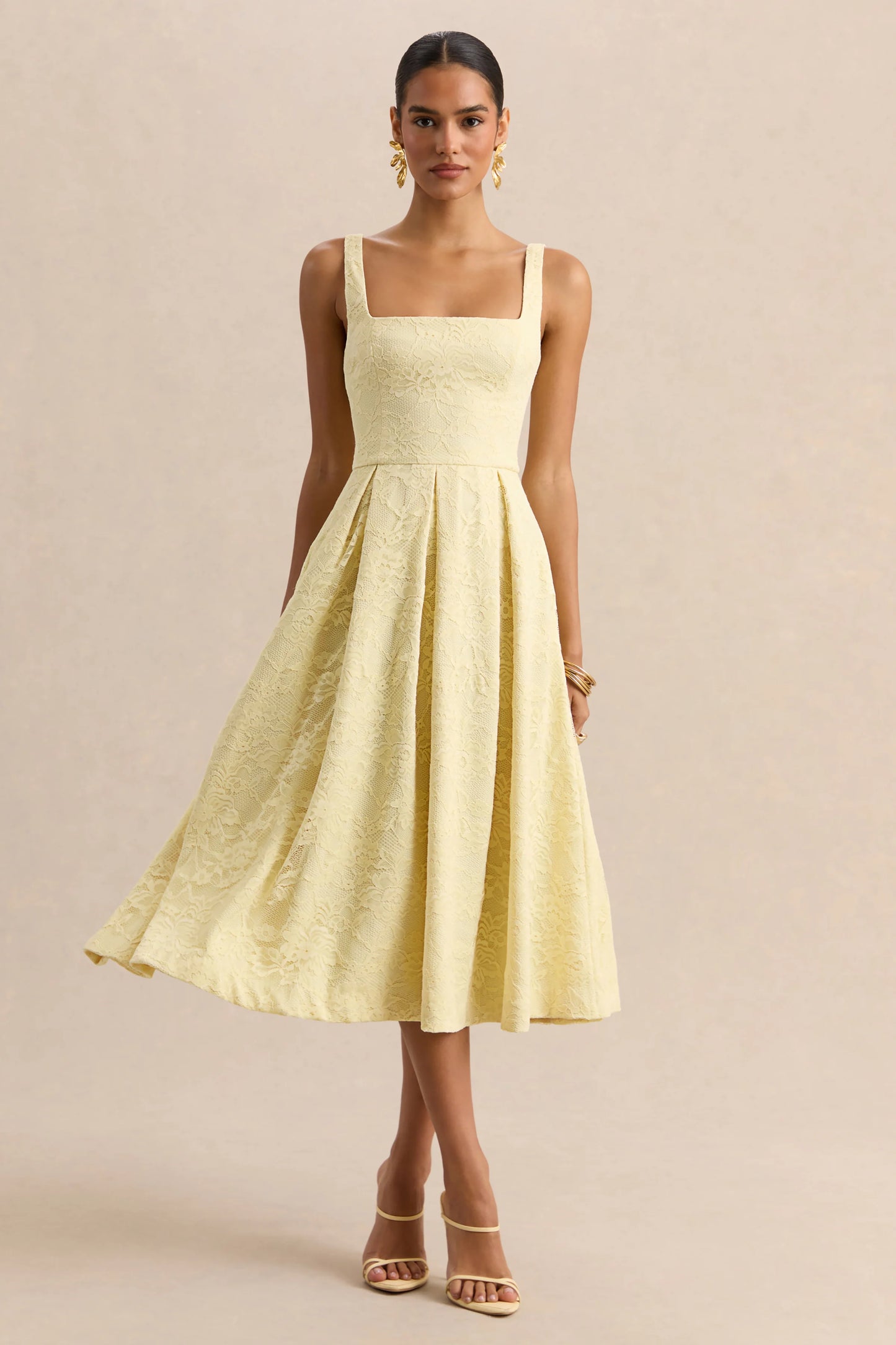 Ashmara Lemon Lace Square-Neck Midi Dress
