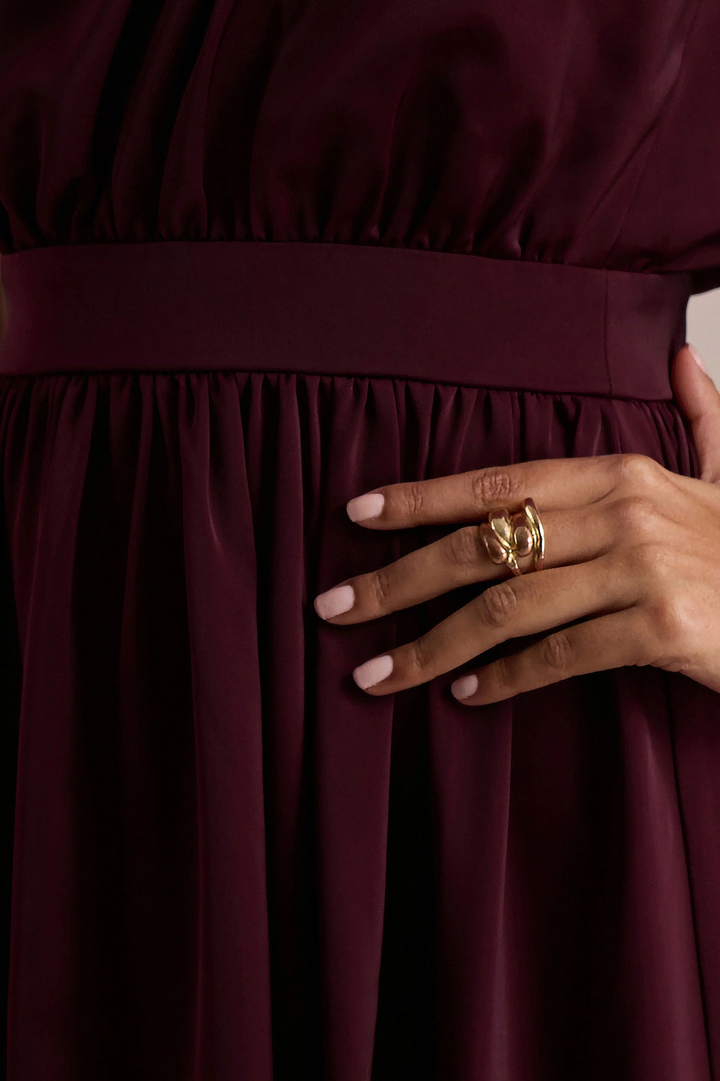 Caluna Burgundy Satin Asymmetric-Neck Midi Dress With Scarf-Detail