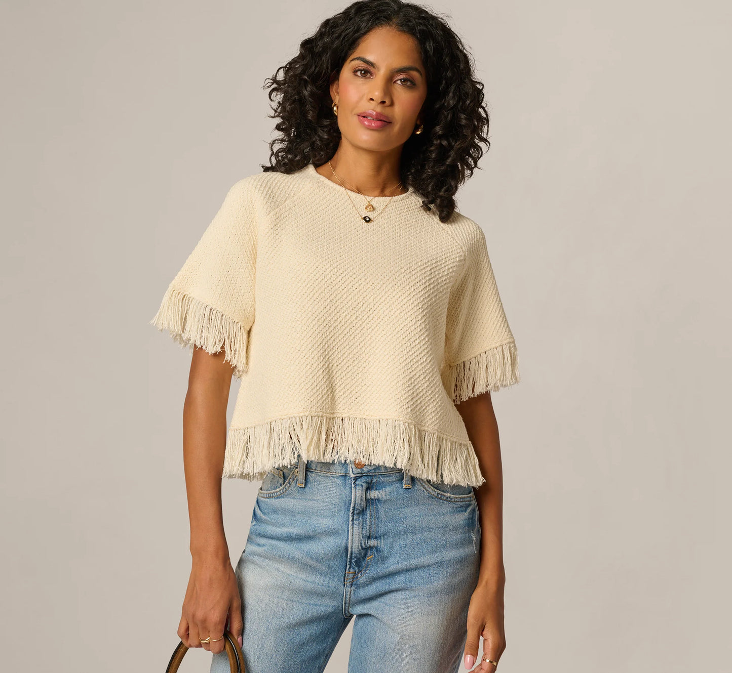 Short Sleeve Textured Knit Raglan Fringe Sweater In Cream