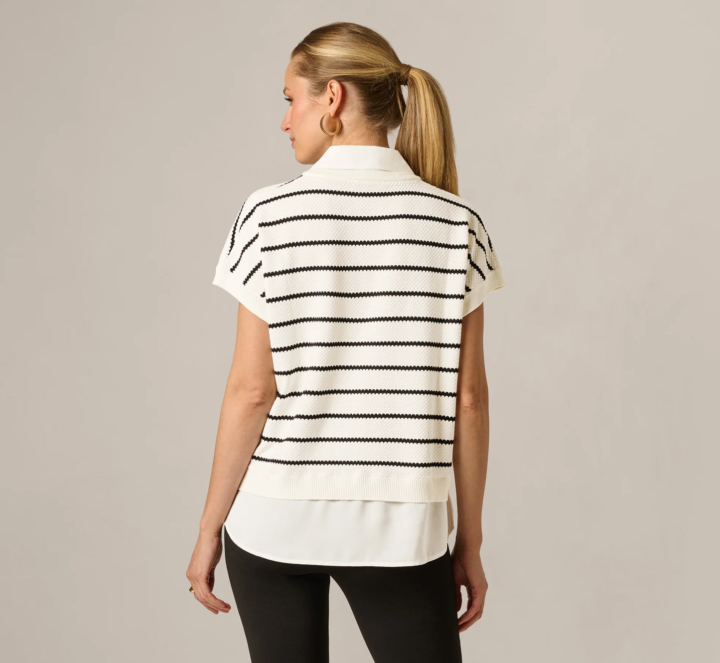 Short Sleeve Drop Shoulder Twofer Sweater In Ivory Black W  Ivory