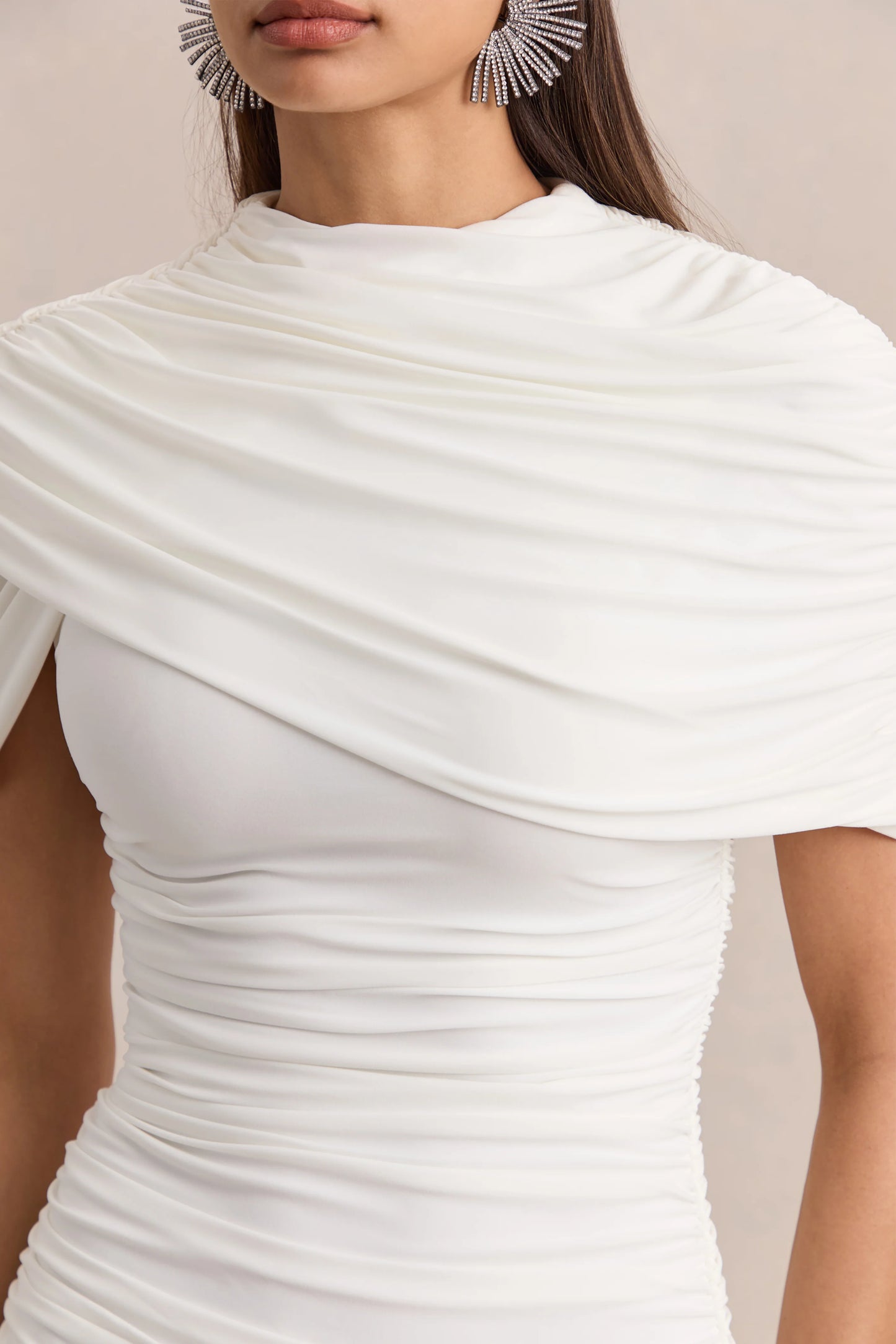 Fenella White High-Neck Mini Dress With Cape-Sleeves And Ruched Detailing