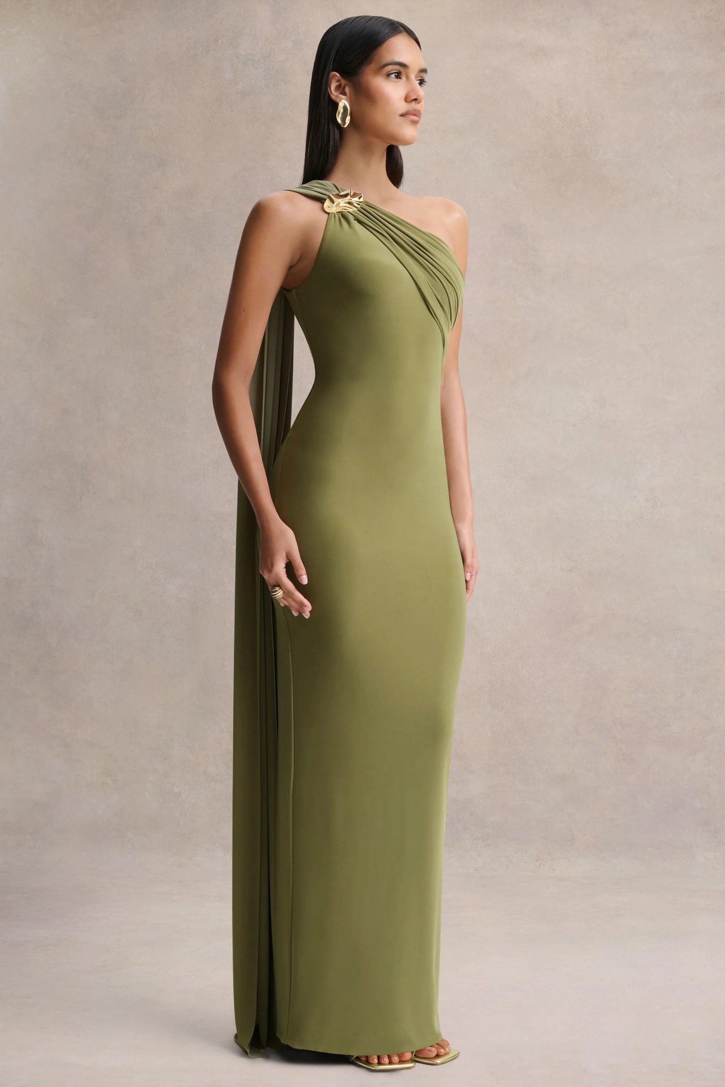Mandy Olive Asymmetric-Neck Maxi Dress With Gold-Detail