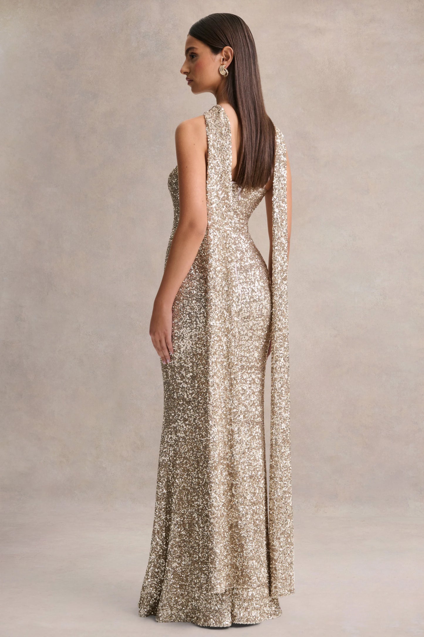 Renelle Gold Sequin Halter-Neck Maxi Dress