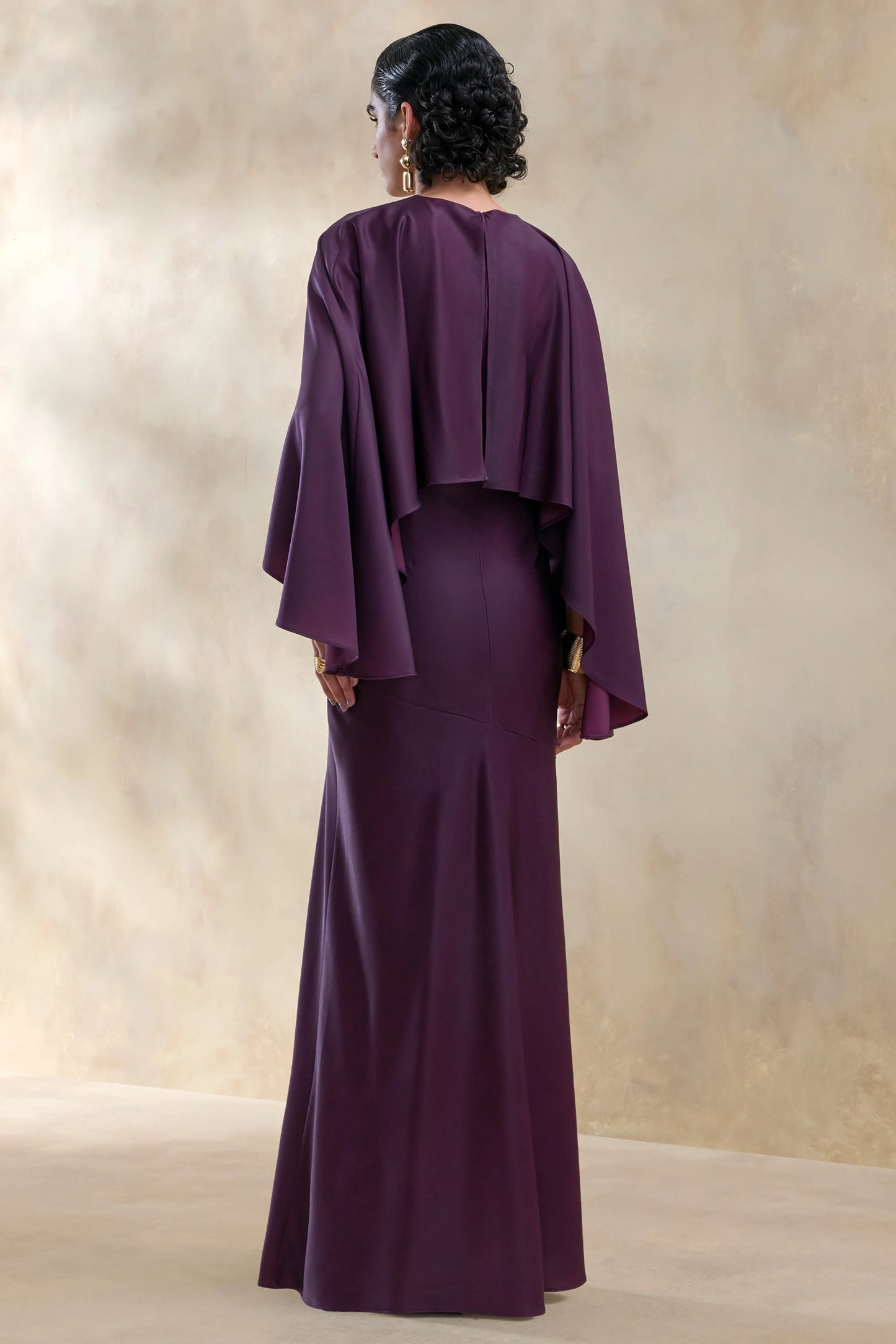 Vanthea Dark Plum Satin Round-Neck Maxi Dress With Cape-Sleeves
