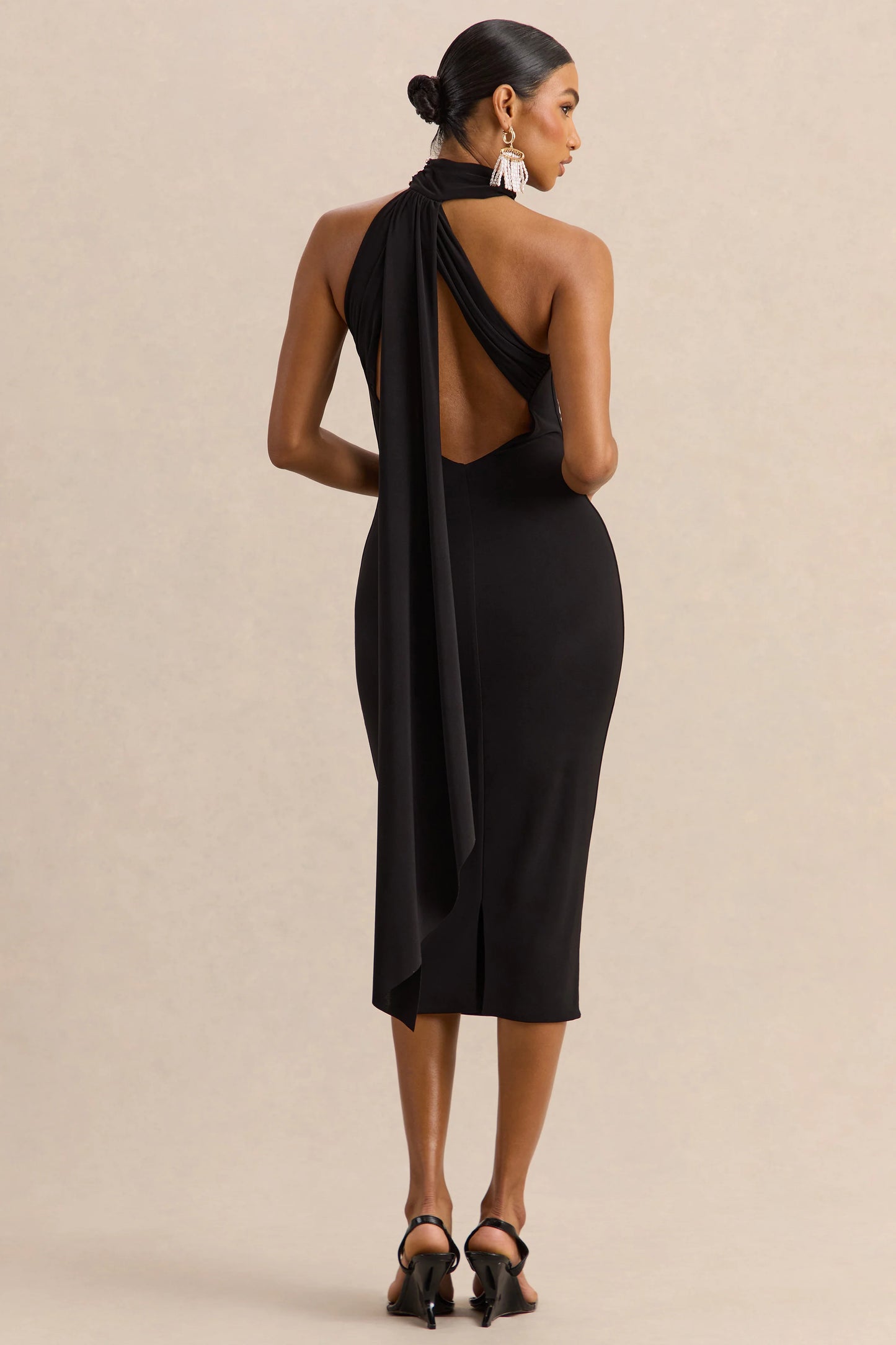 Devinae Black Asymmetric-Neck Midi-Dress With Open-Back And Scarf-Detail