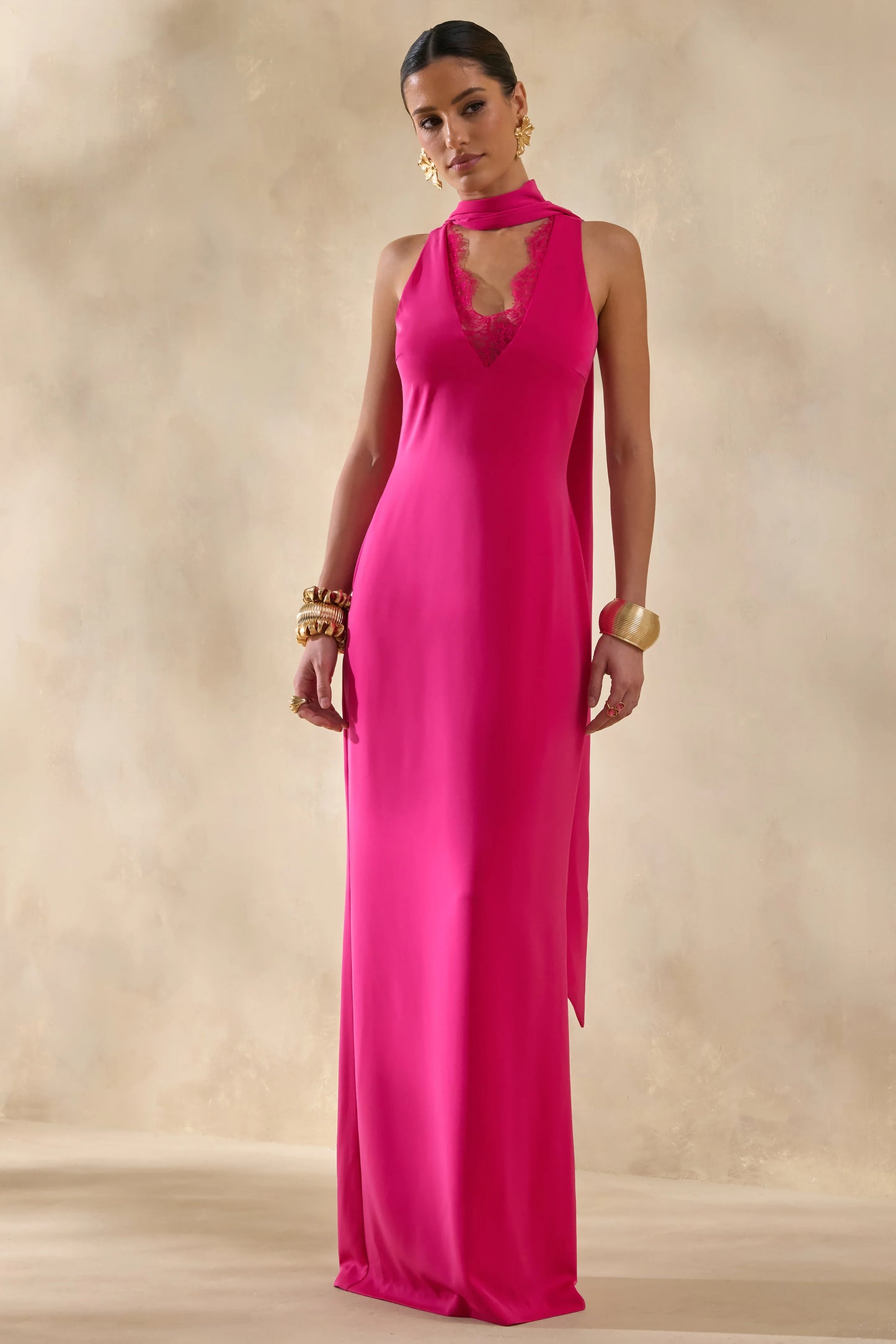 True Icon Hot Pink Satin High-Neck Maxi Slip Dress With Sash