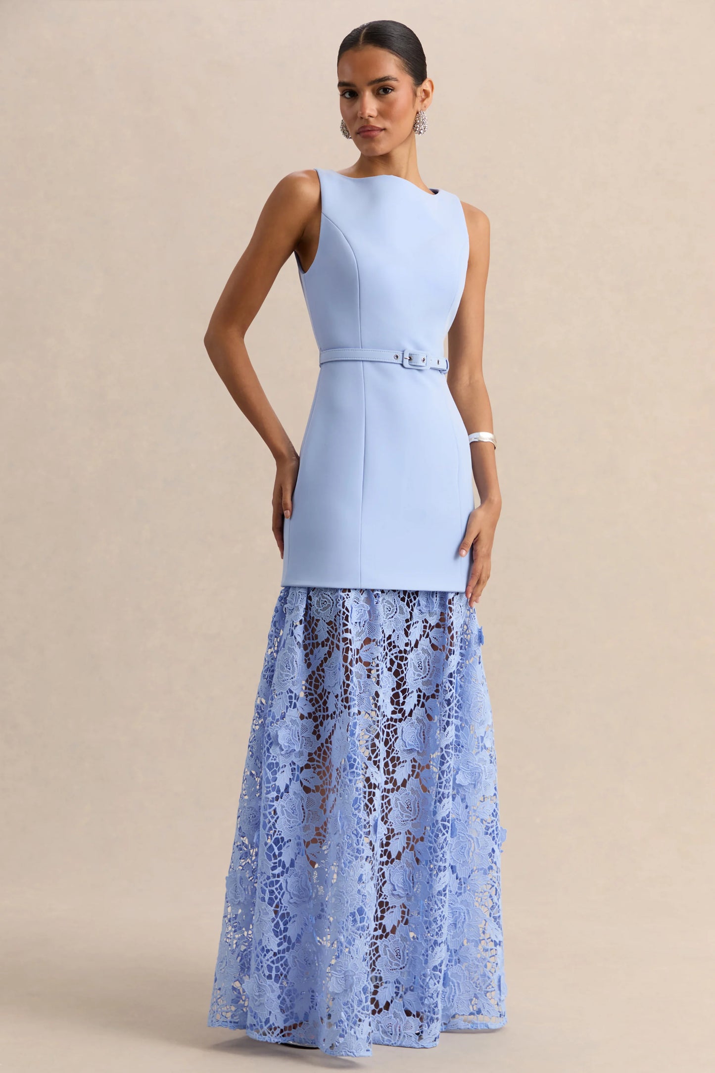 Verena Powder Blue Boat-Neck Belted Maxi Dress With Lace Skirt
