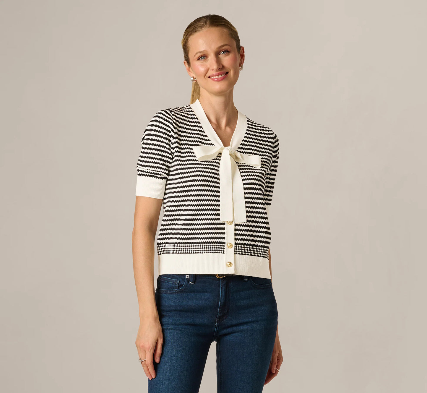 Short Sleeve Tie Neck Cardigan In Ivory Black