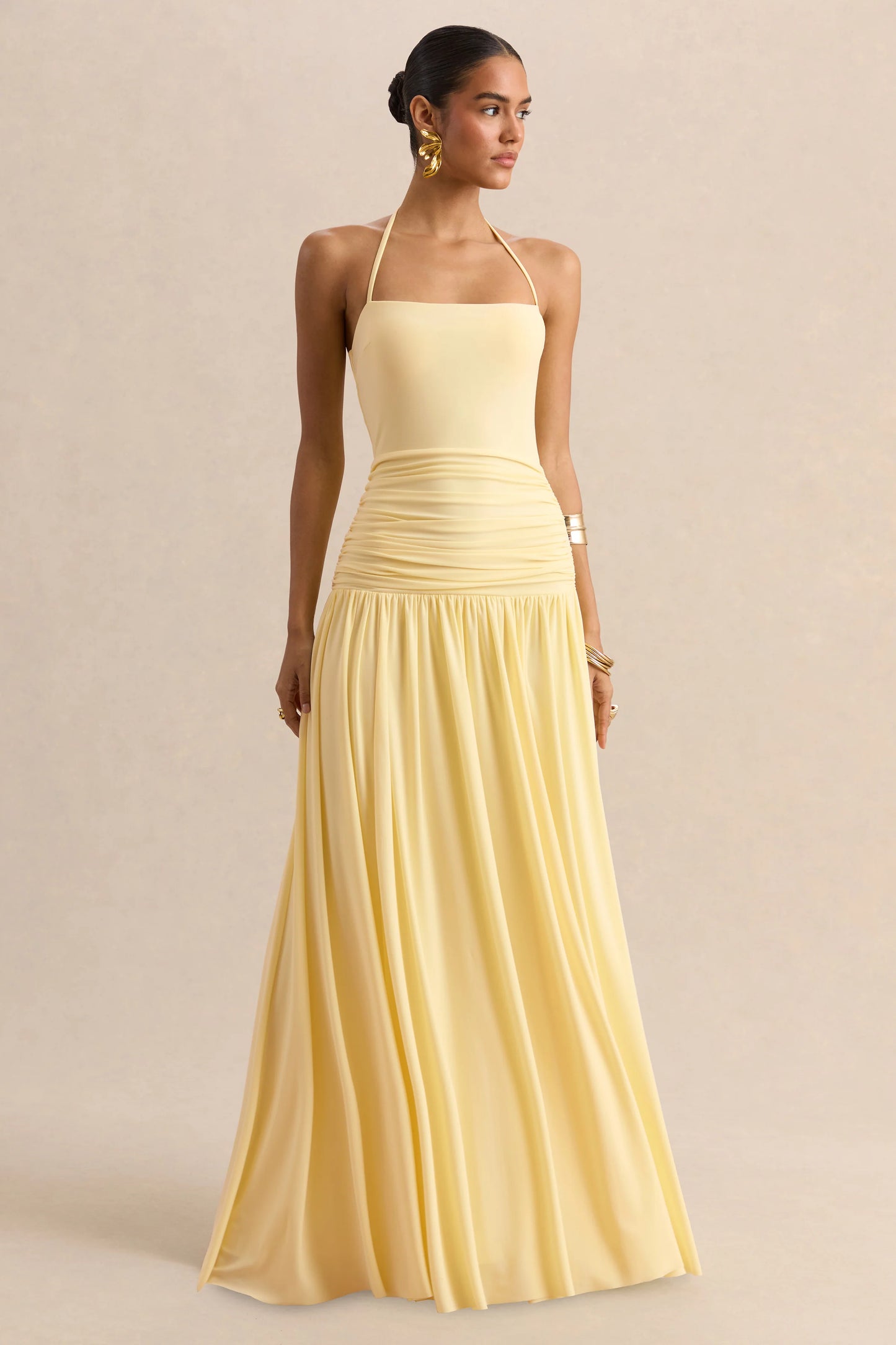 Nicolette Lemon Square-Neck Maxi Dress With Ruched-Detailing
