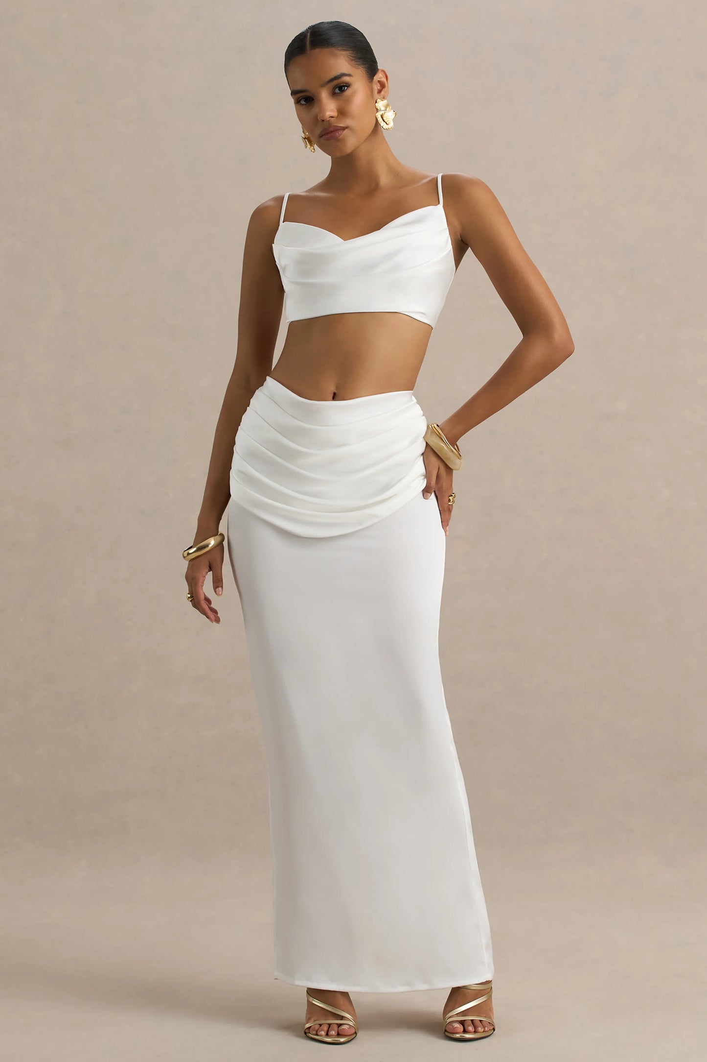 Rosita White Ruched Maxi Skirt