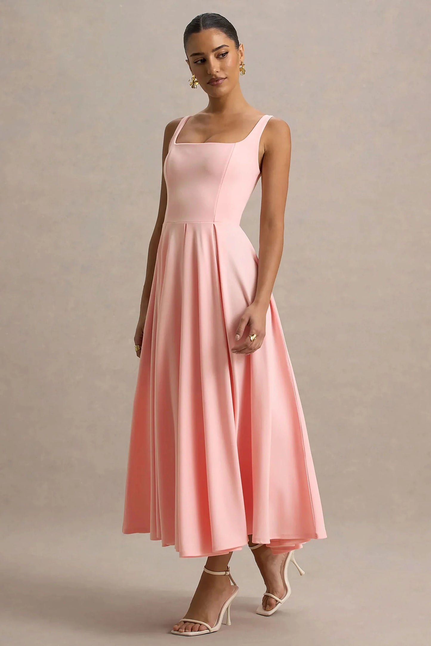 Parina Pink Strappy Volume-Hem Midi Dress