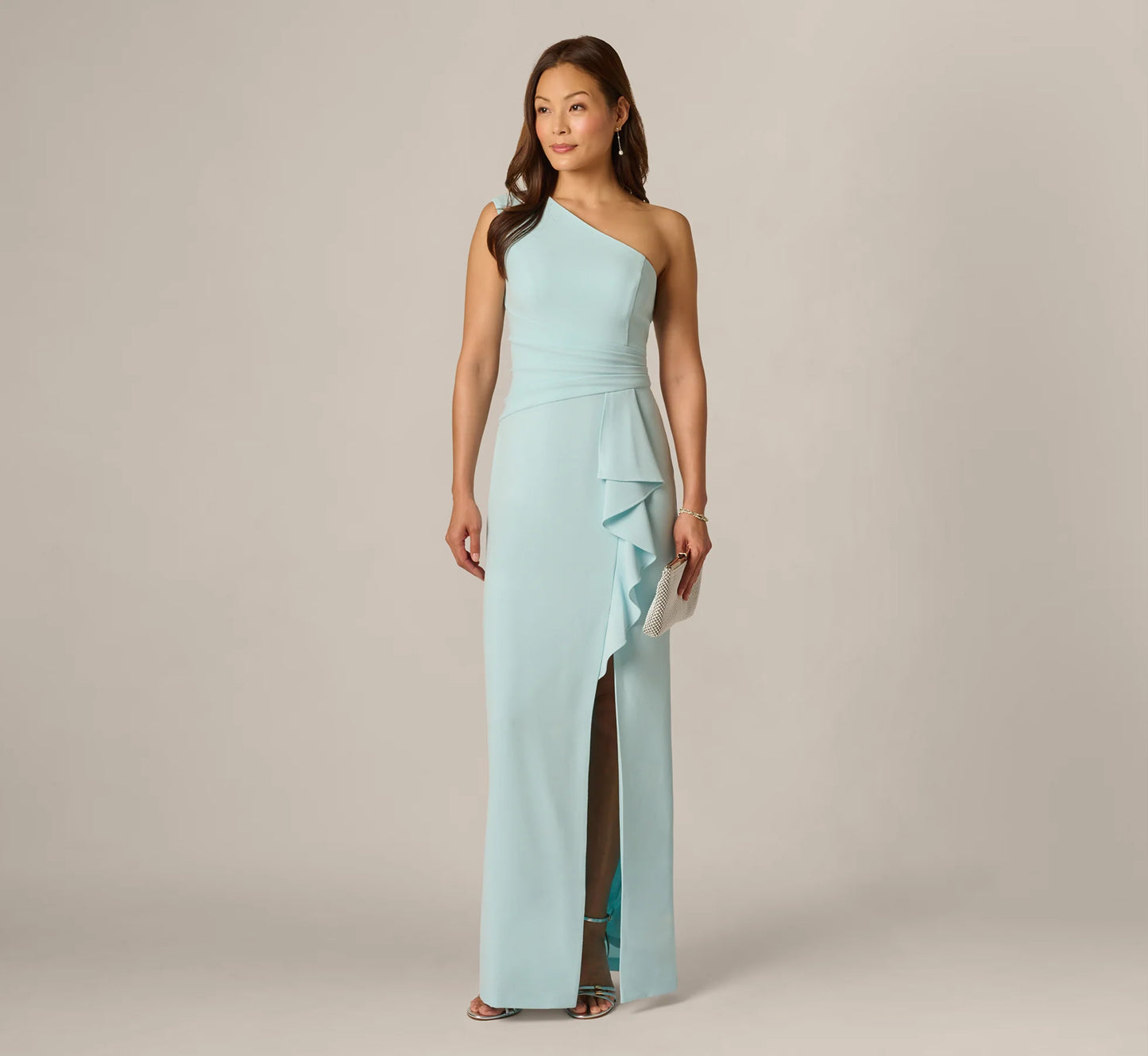 One Shoulder Draped Ruffle Stretch Gown In Clear Sky