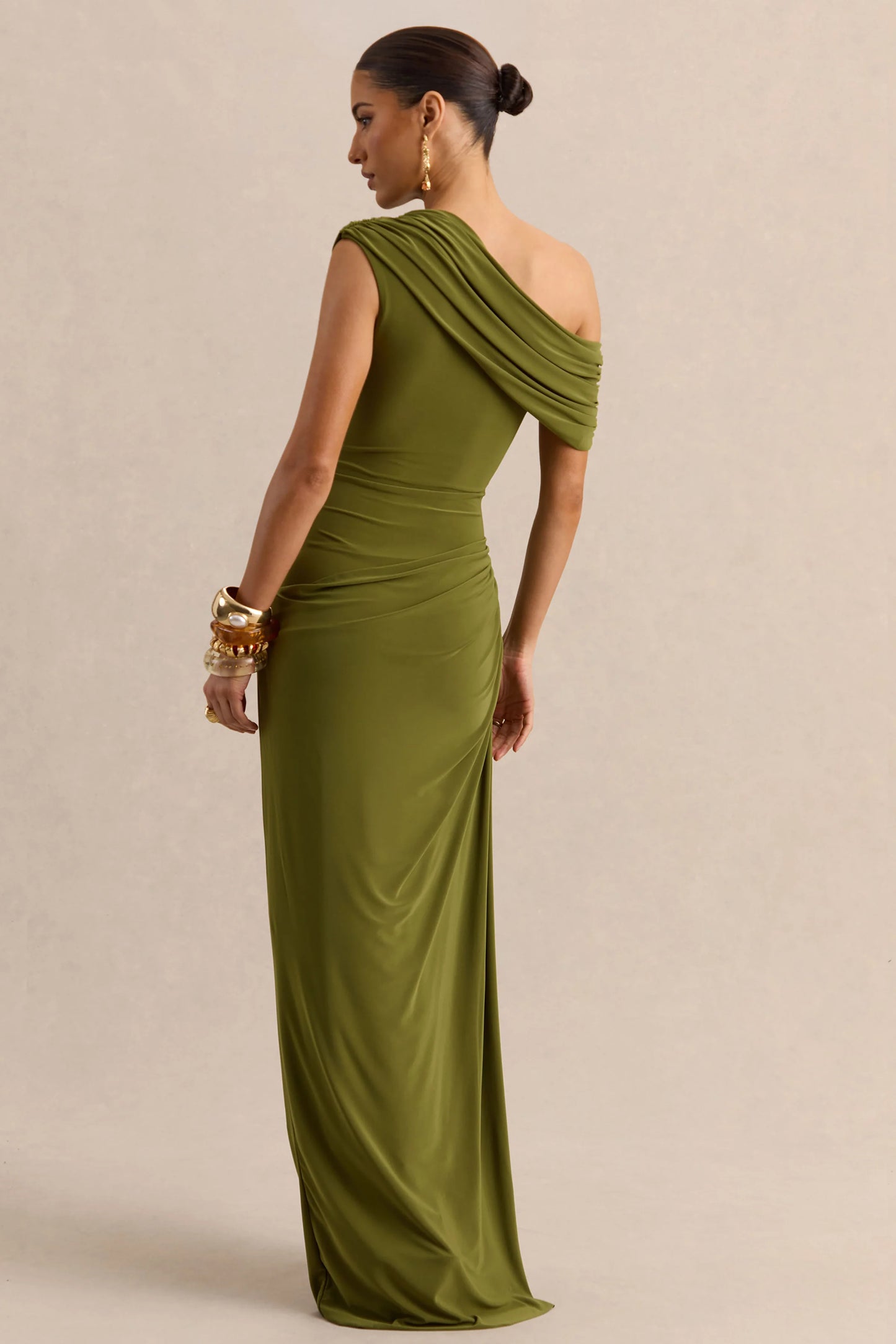 Avialee Green Asymmetric-Neck Maxi Dress With Gathered-Detailing And Sash