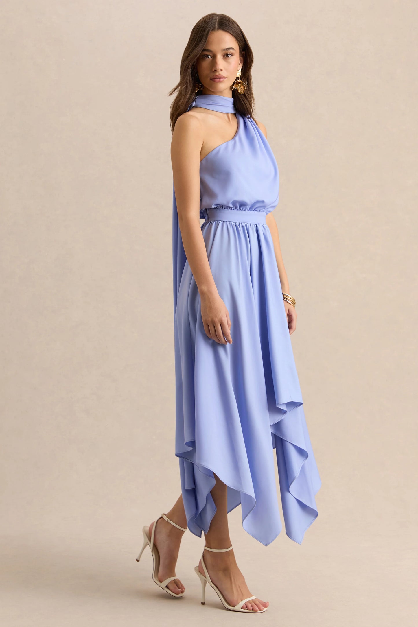 Caluna Powder Blue Satin Asymmetric-Neck Midi Dress With Scarf-Detail
