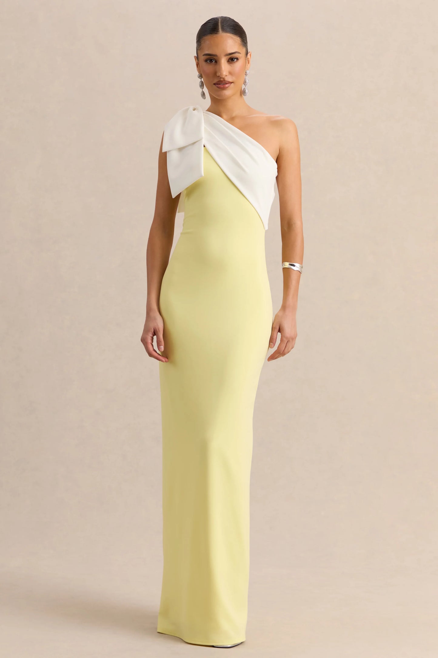 Adara Lemon & White Asymmetric-Neck Maxi Dress With Bow-Detail