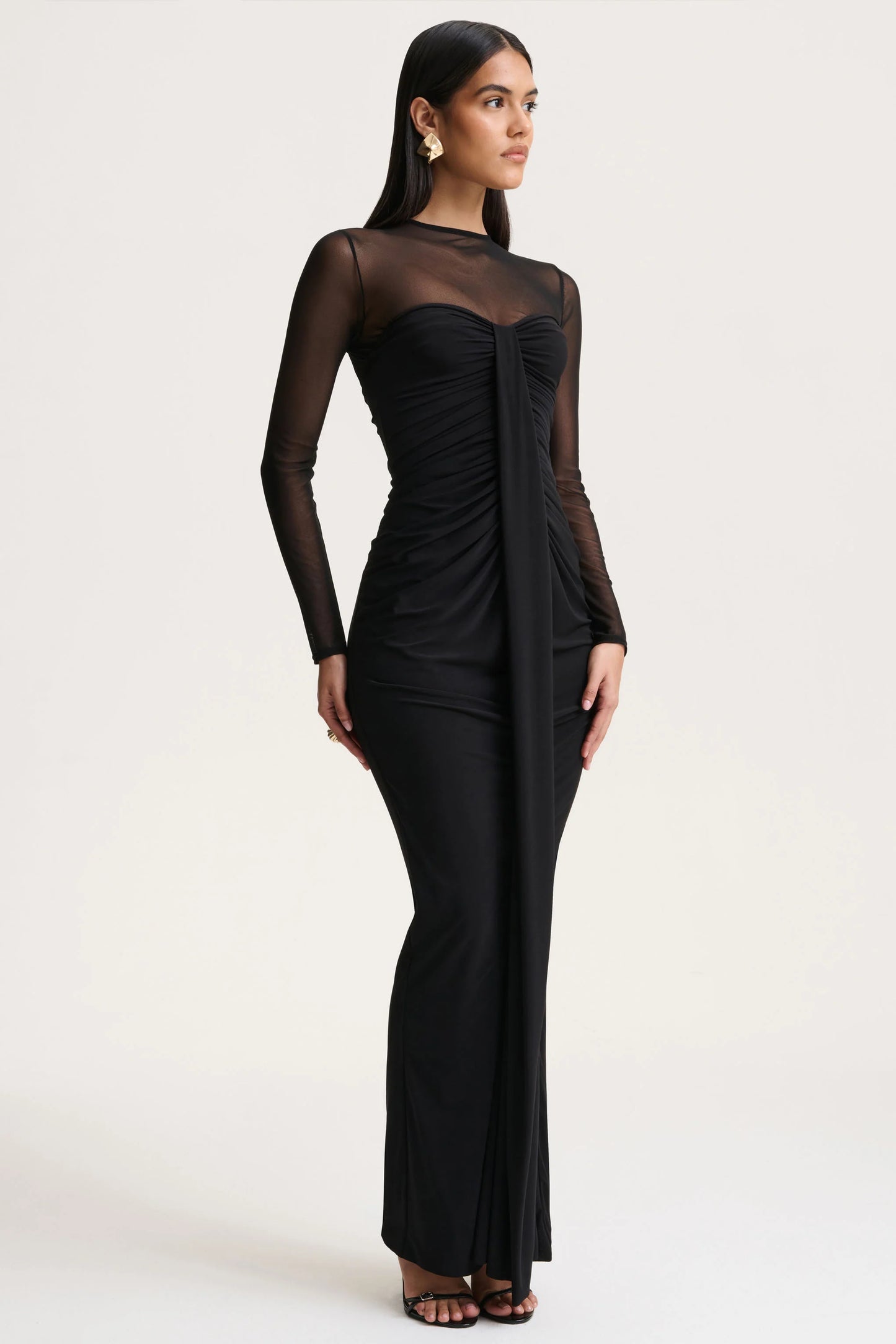 Cadenza Black Crew-Neck Maxi Dress With Mesh And Gathered-Detailing