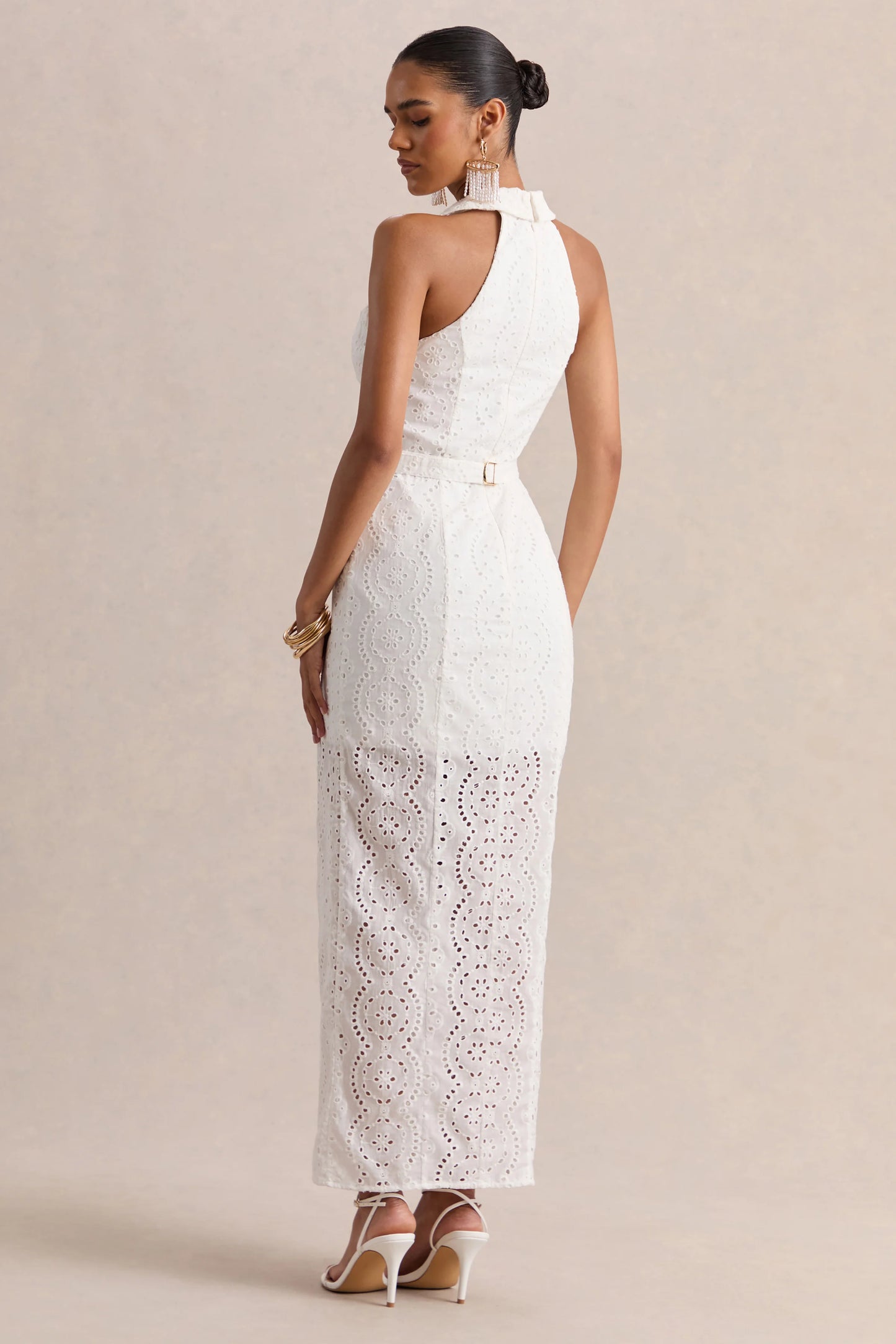 Tover White Broderie Plunge-Neck Maxi Dress