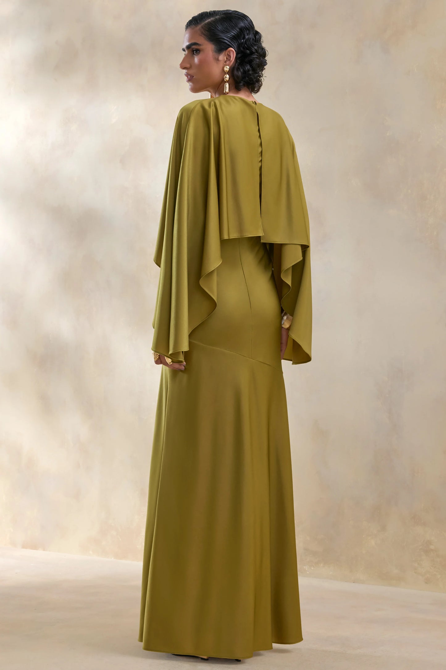 Vanthea Olive Satin Round-Neck Maxi Dress With Cape-Sleeves