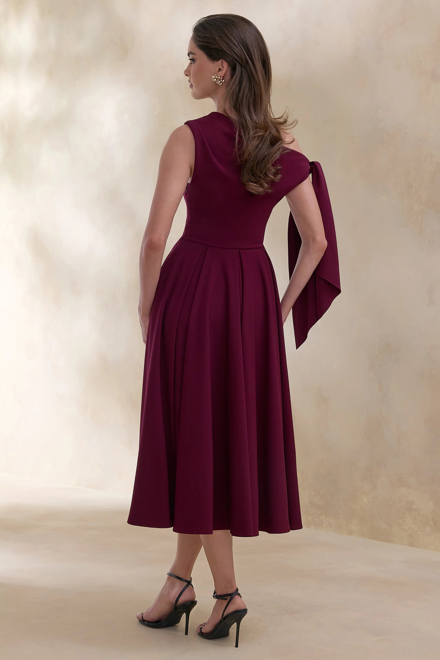 Daring Burgundy Asymmetric-Neck Midi Dress With Knot-Detail