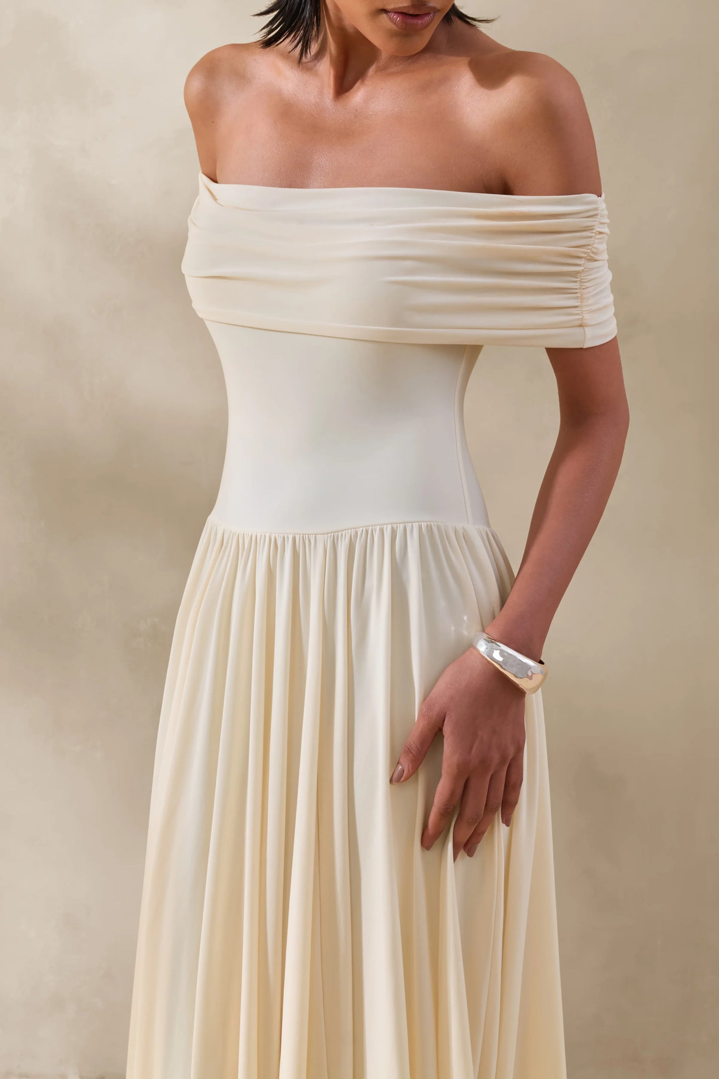 Cindie Cream Bardot-Neck Maxi Dress