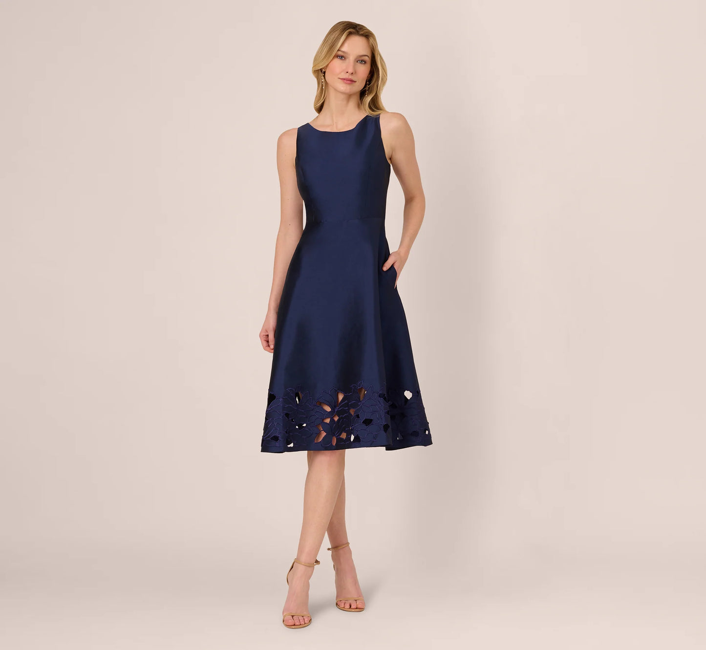 Sleeveless Taffeta Floral Cutwork Midi Dress In Light Navy