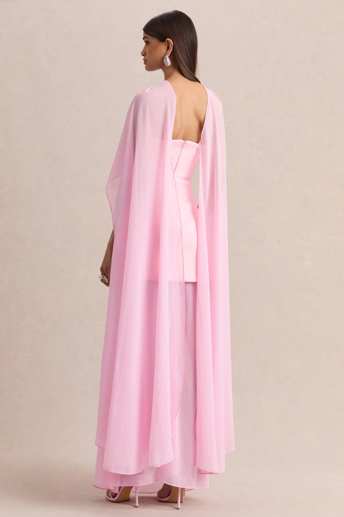 Chessa Light Pink Boat-Neck Maxi Dress With Sheer Cape