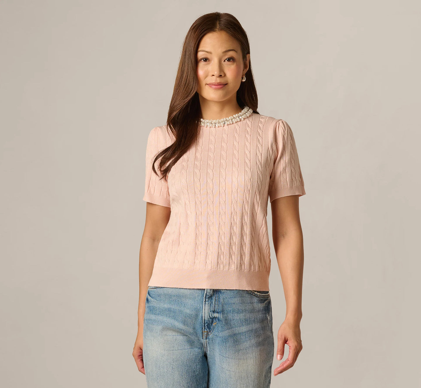 Short Sleeve Beaded Collar Pullover Sweater In Pink Whisper