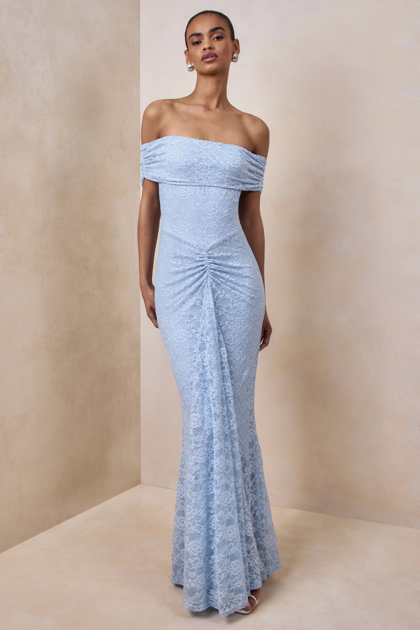 Elinor Powder Blue Lace Bardot-Neck Maxi Dress With Gathered-Detailing