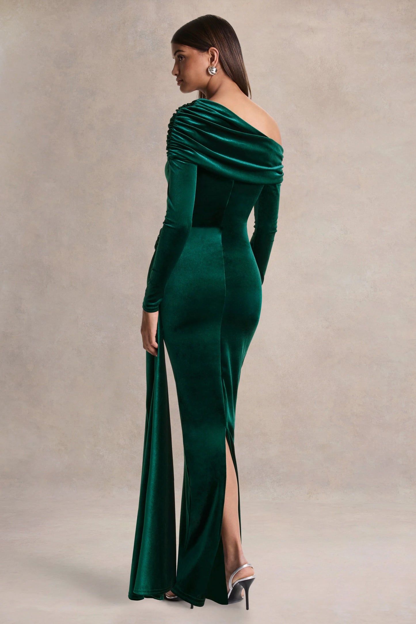 Hadria Bottle Green Velvet Asymmetric-Neck Maxi Dress With Sash-Detail