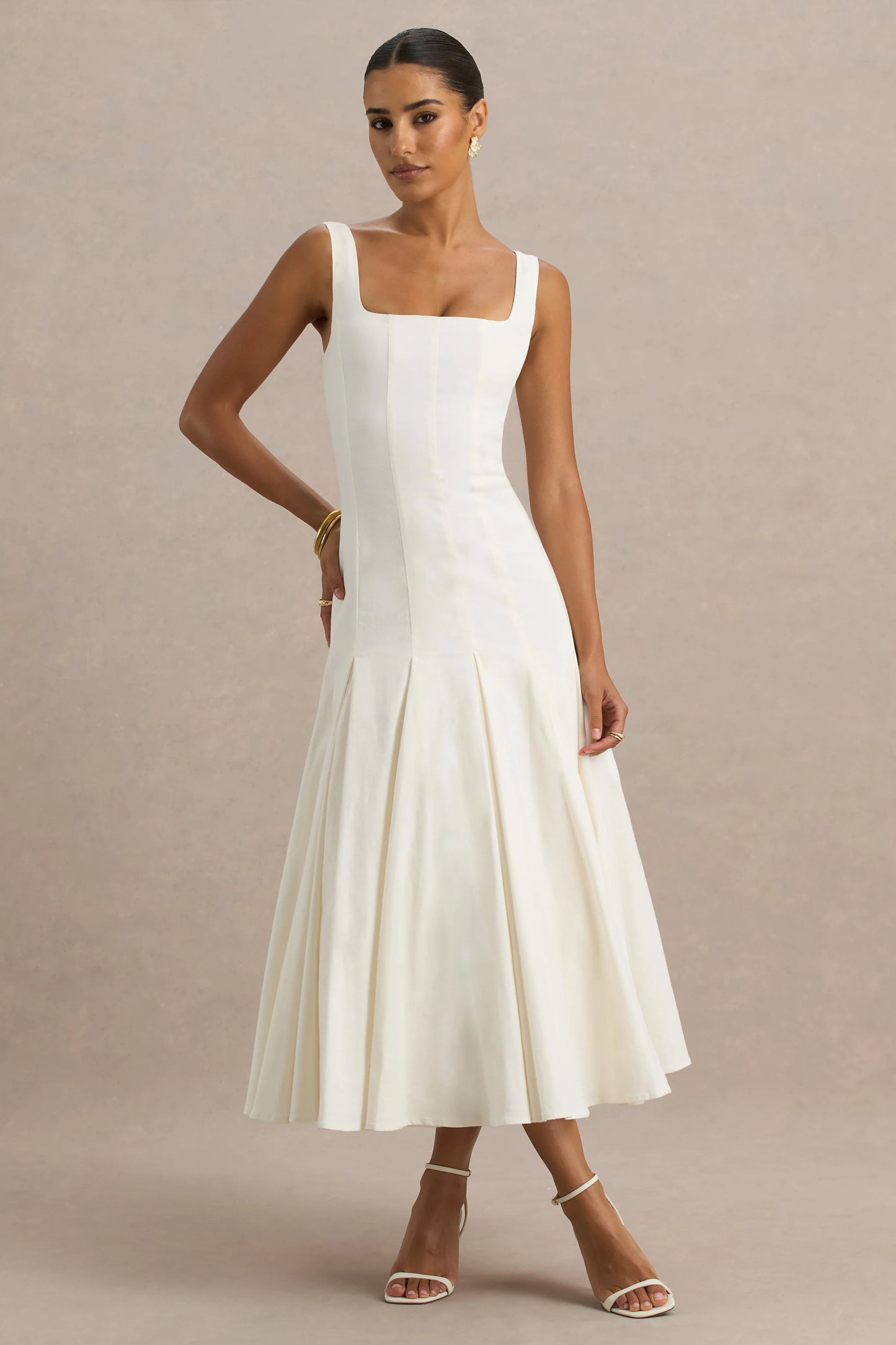 Magnolia White Scoop-Neck Midi Dress With Drop-Waist And Ruffling Detail