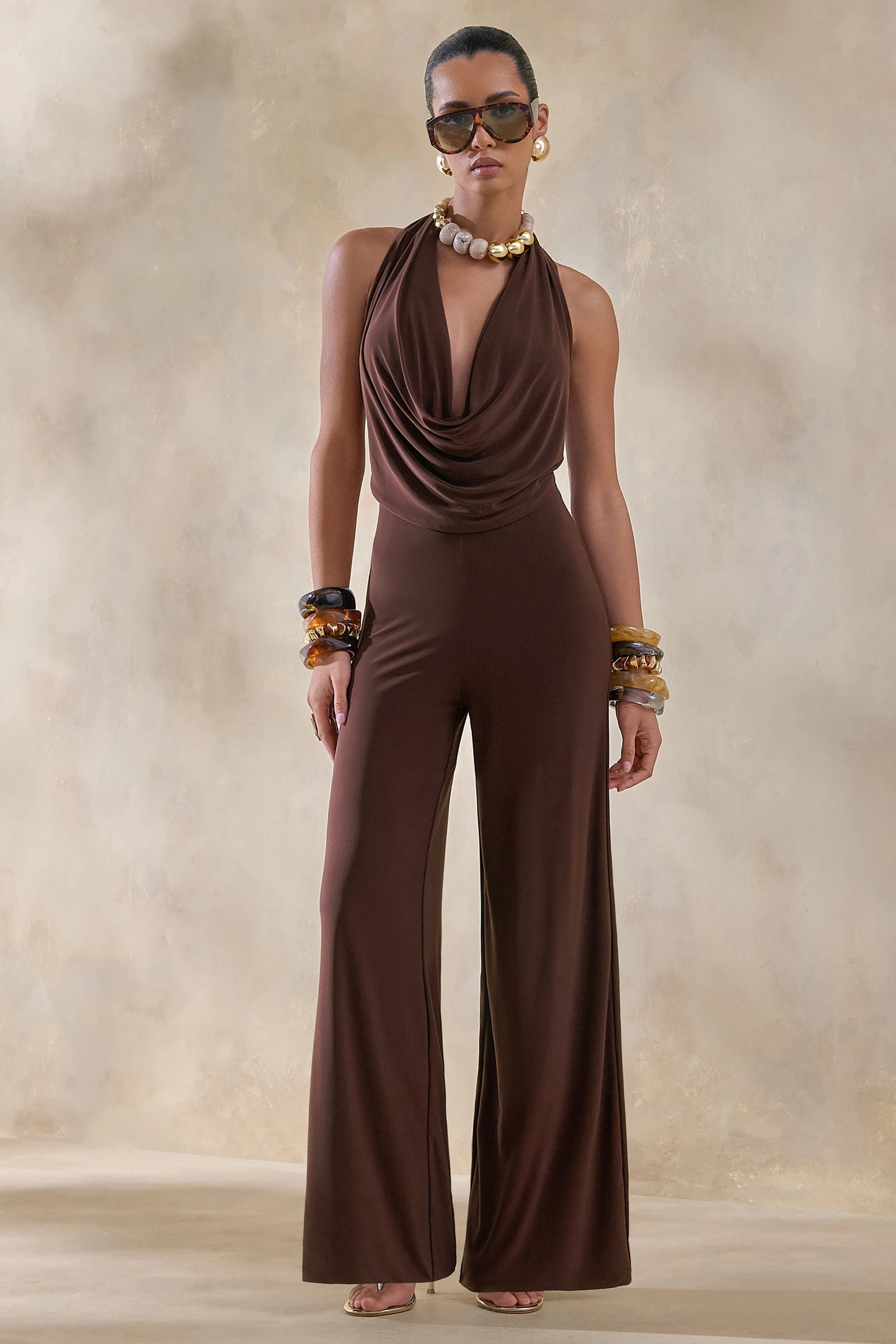 Clemence Brown Plunge-Neck Jumpsuit