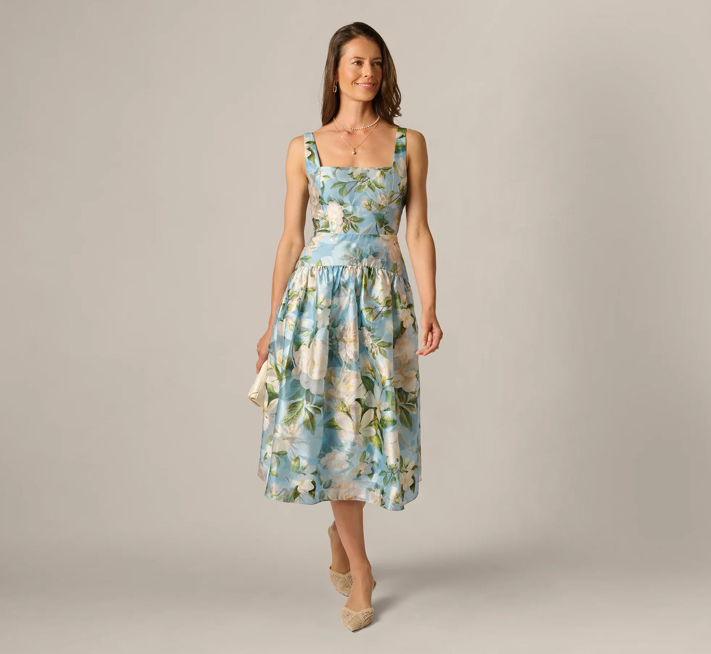 Square Neck Drop Waist Floral Jacquard Dress In Blue Multi