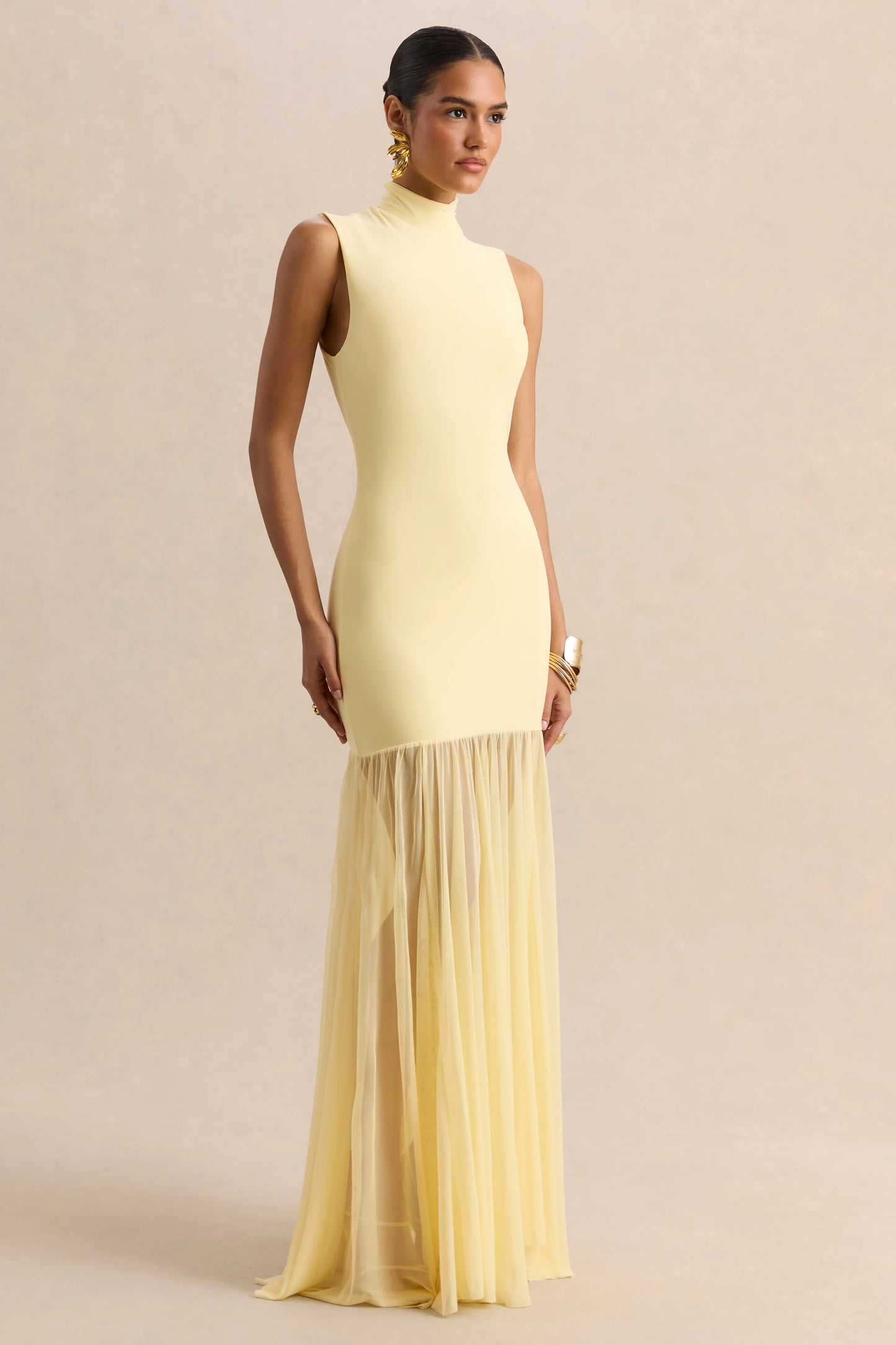Felina Lemon High-Neck Maxi Dress With Sheer-Skirt