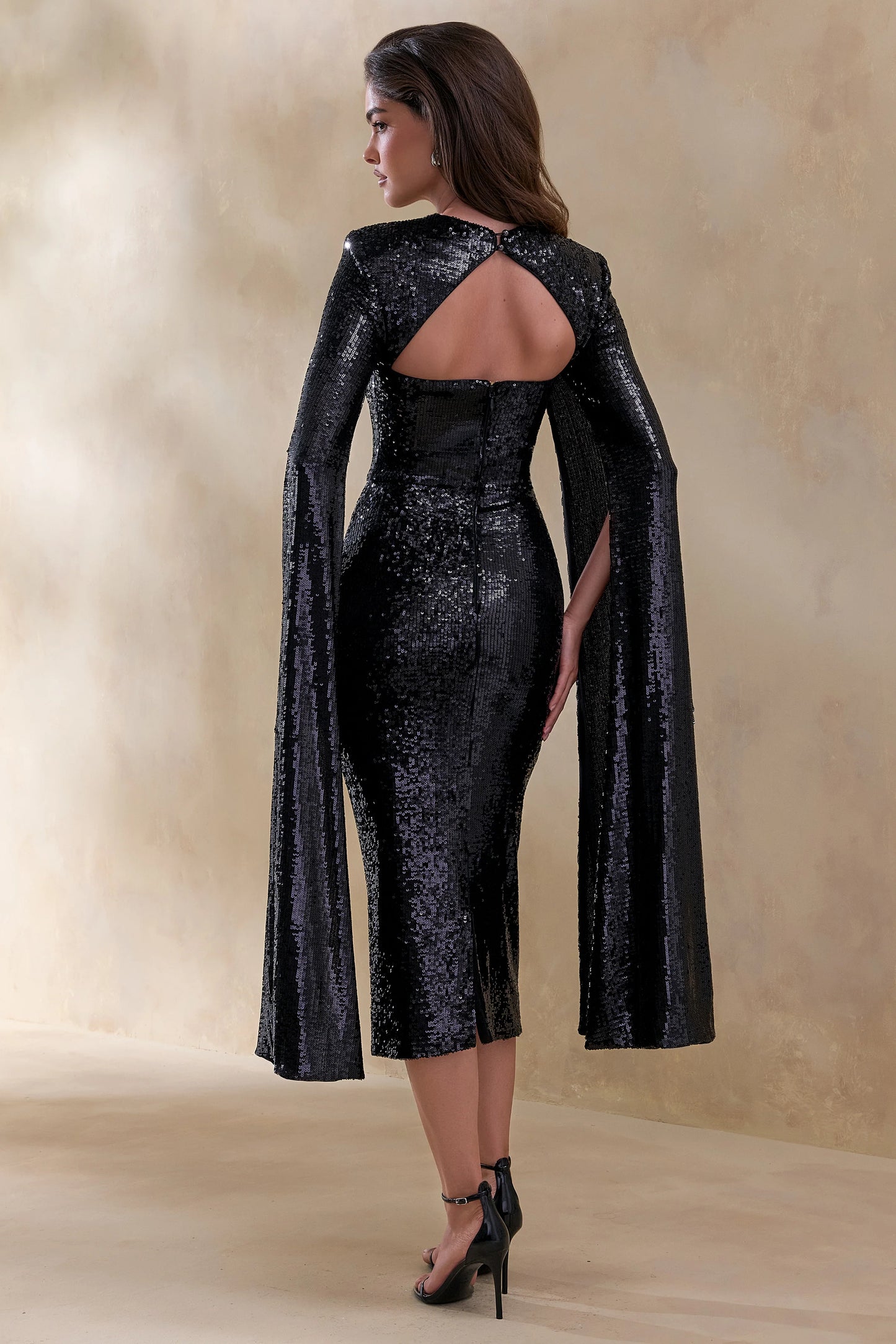 Adeline Black Sequin Crew-Neck Midi Dress With Cape Sleeves
