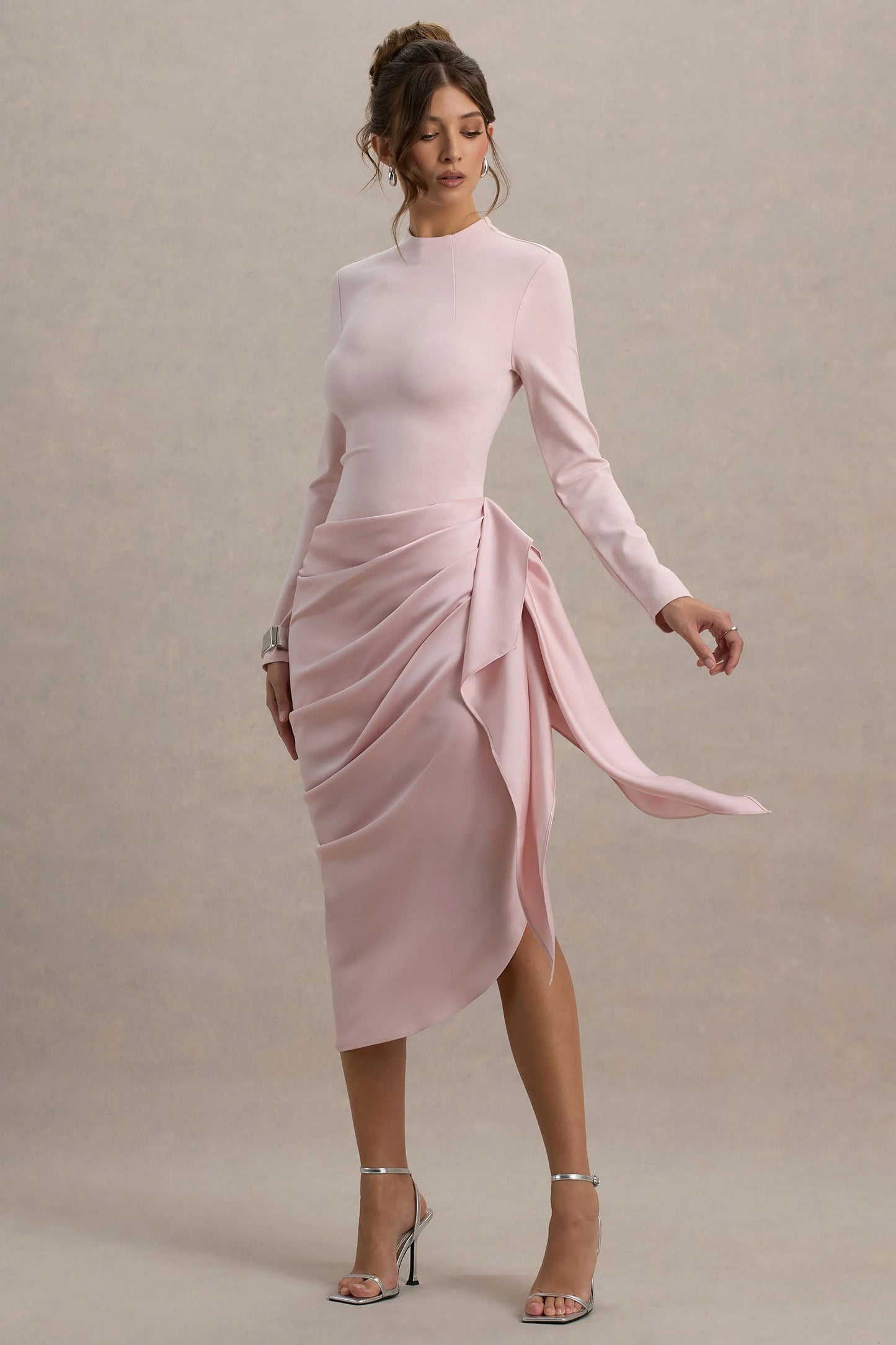 Raffie Pink Long-Sleeve Midi Dress With Satin Wrap Skirt