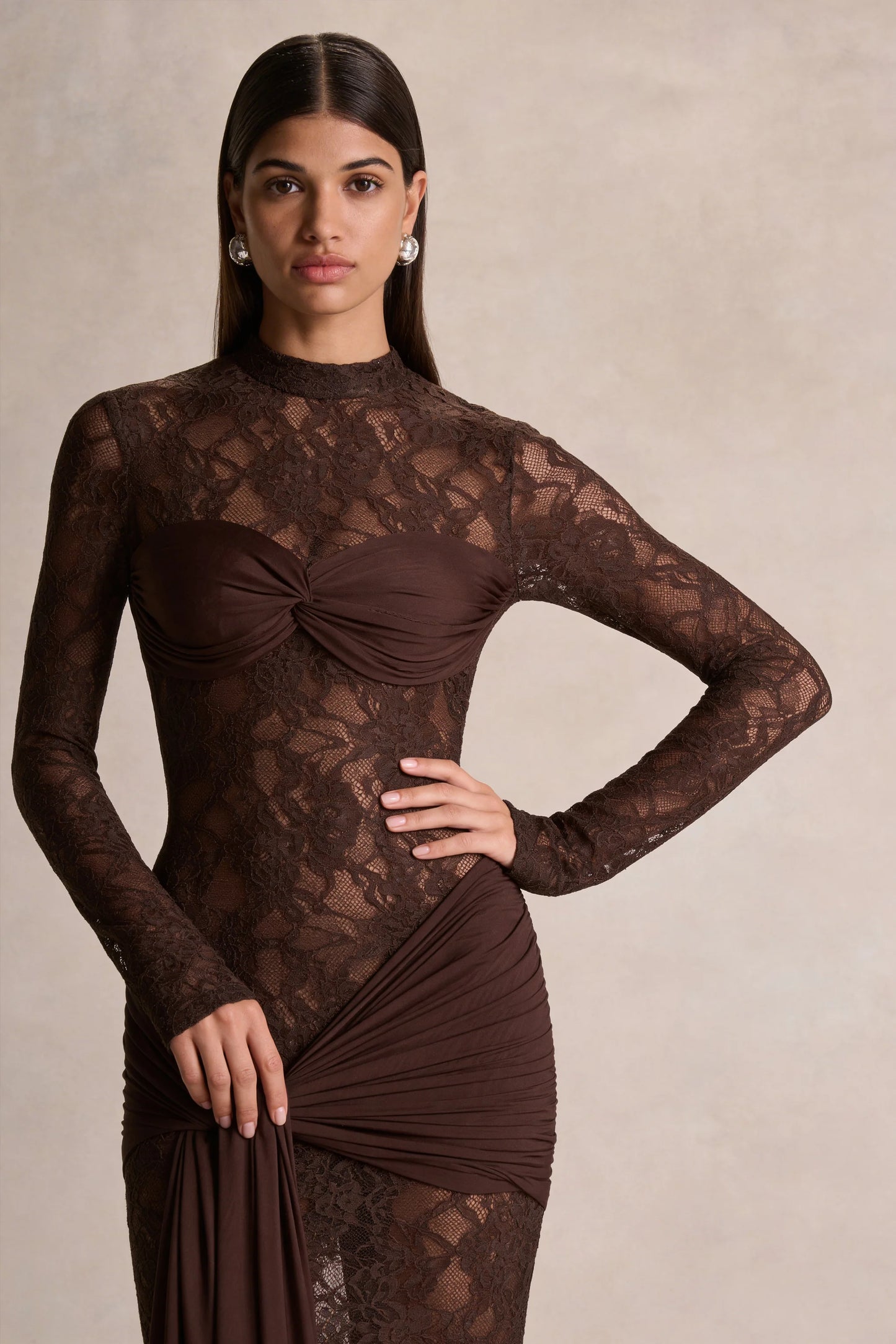 Akira Brown Lace Maxi Dress With Sash-Detail