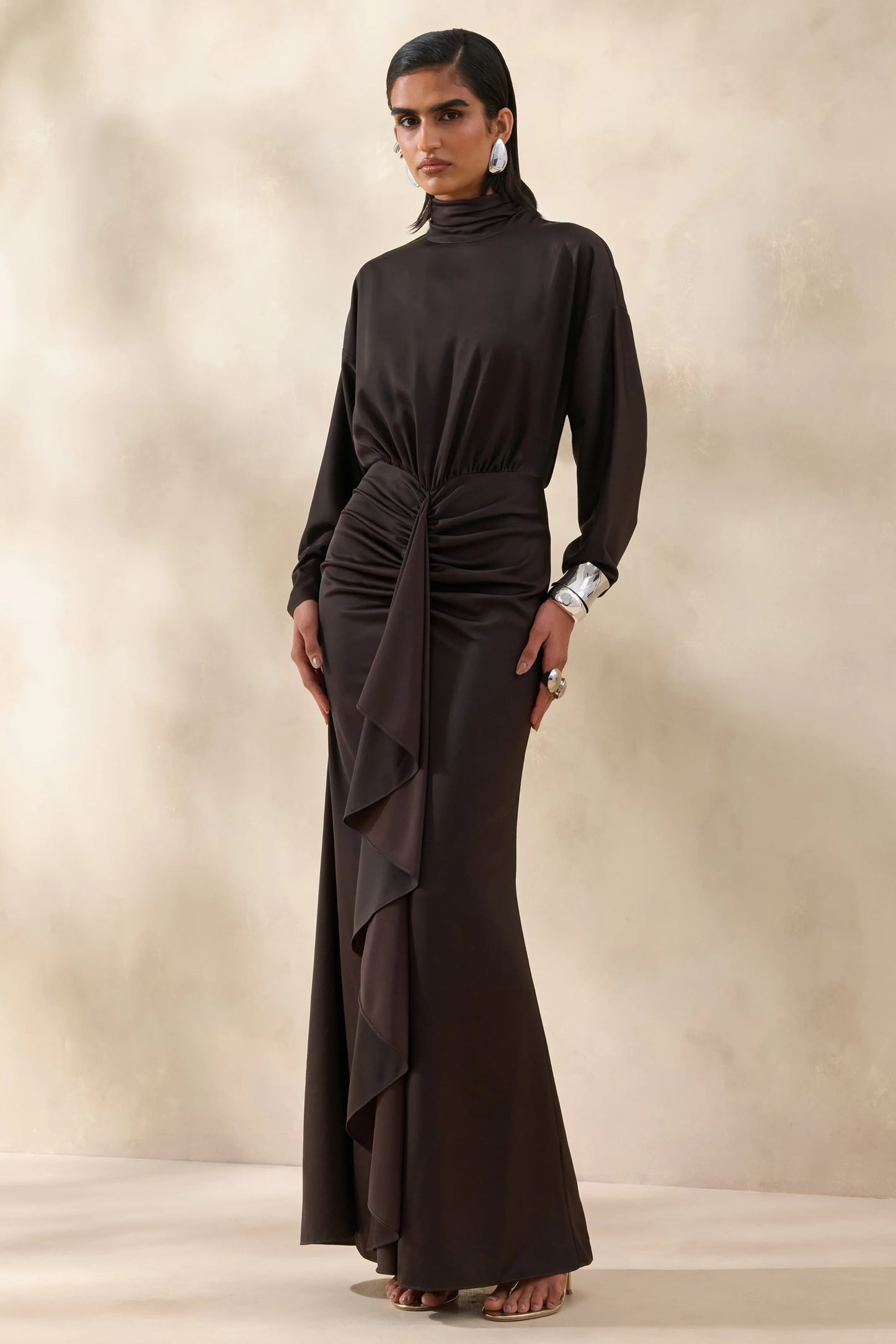 Perla Dark Brown High-Neck Maxi Dress With Gathered-Detailing