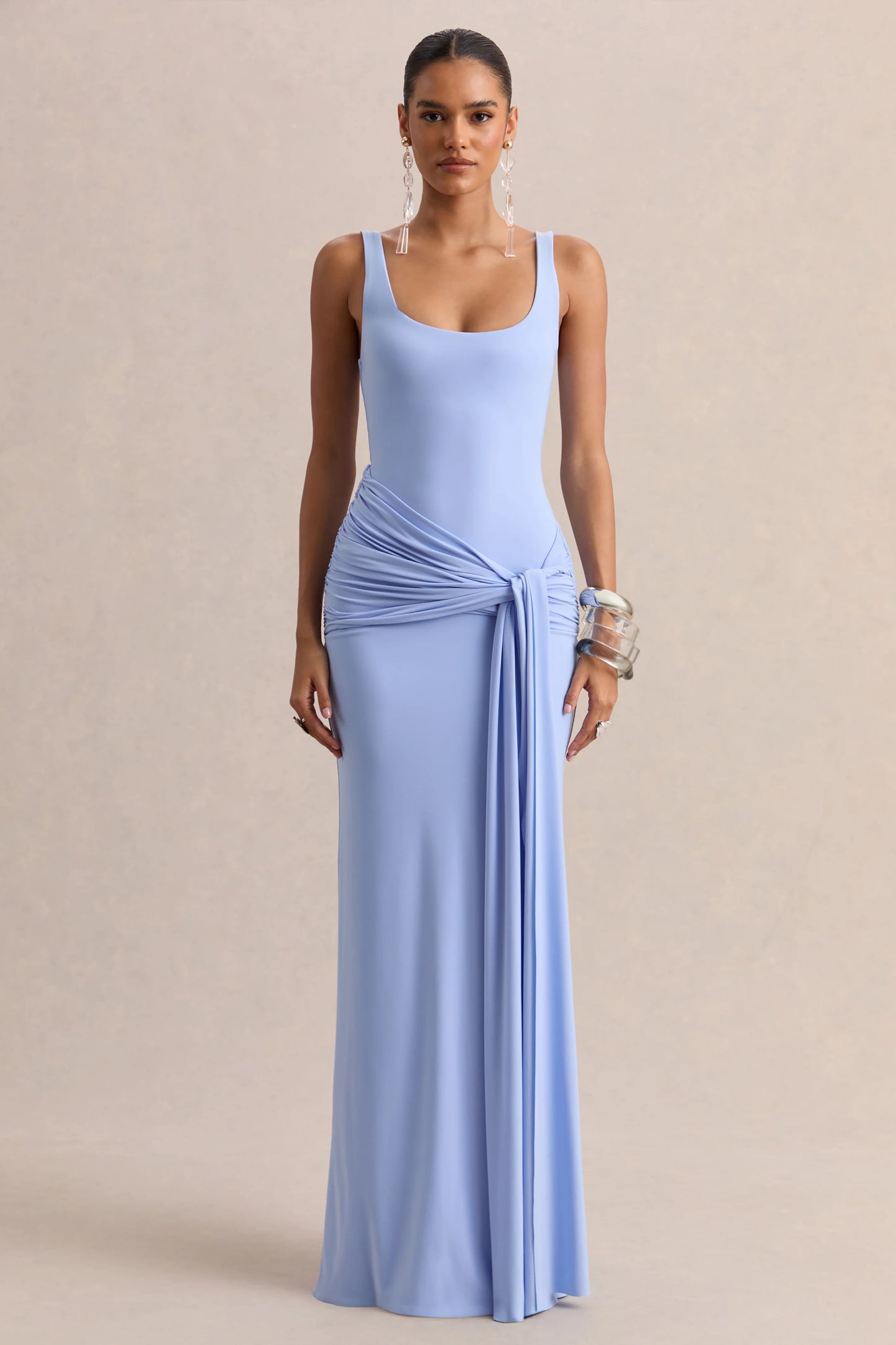 Lienna Powder Blue Scoop-Neck Maxi Dress With Gathered-Detail And Sash
