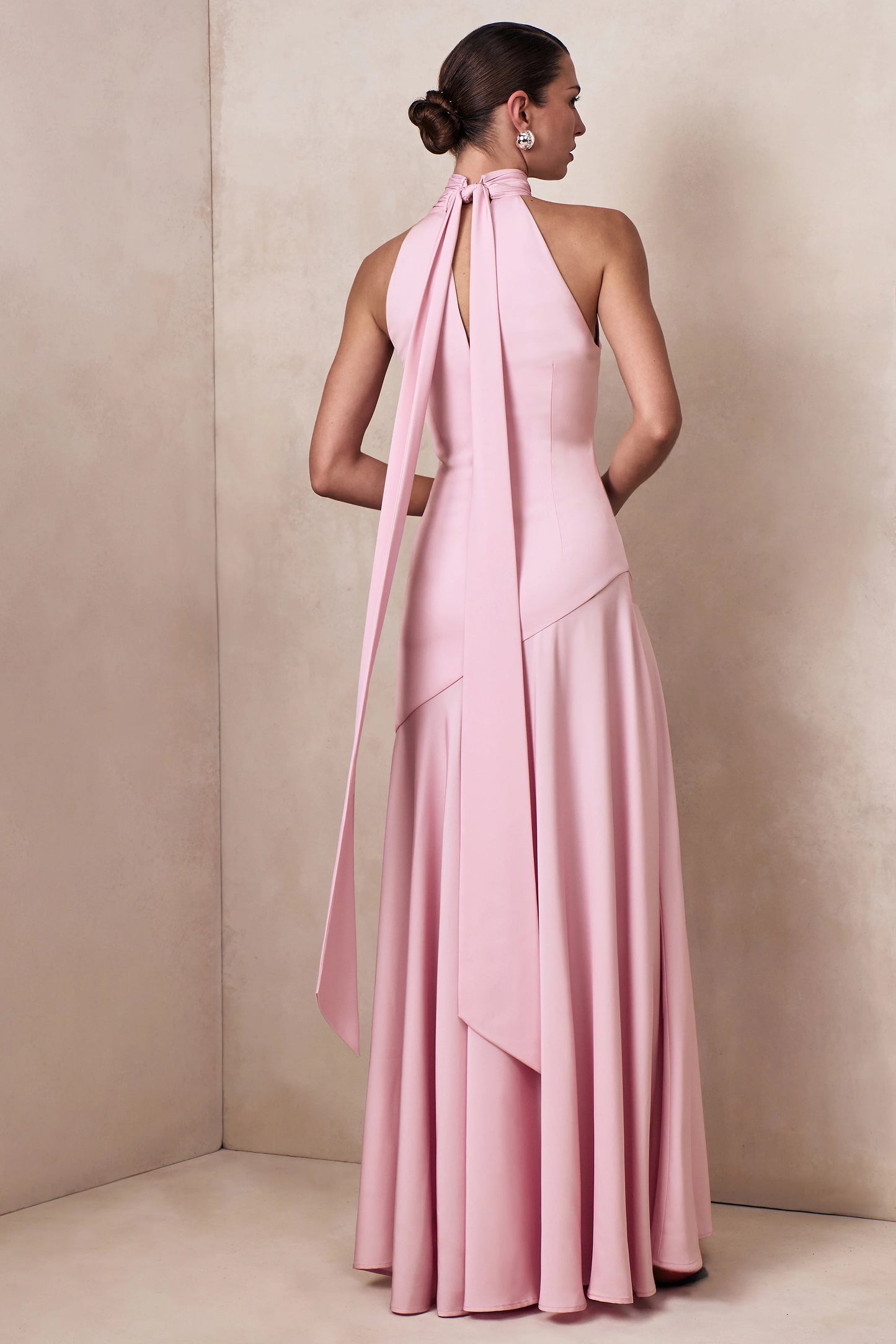 Luscious Light Pink High-Neck Maxi Dress With Drop-Waist And Bow Detail