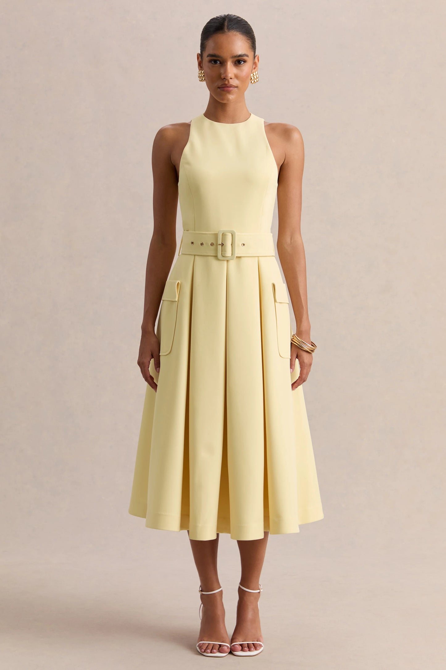 Magnora Lemon Crew-Neck Belted Midi Dress