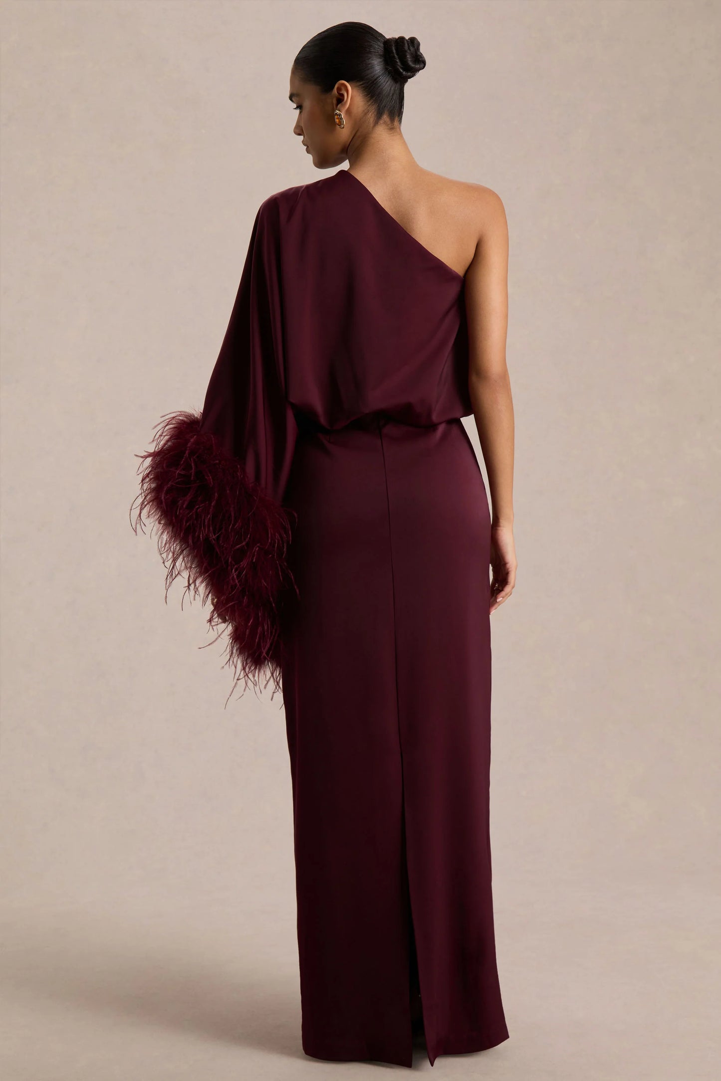 Felicity Burgundy Satin Asymmetric-Neck Maxi Dress With Feather Detailing