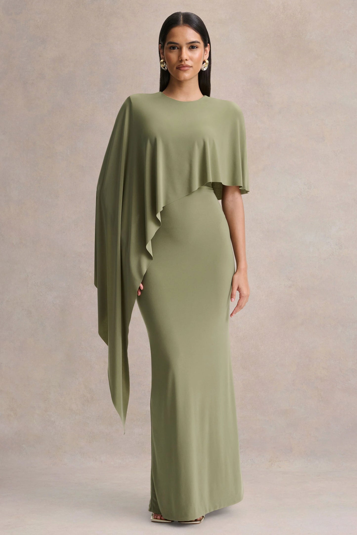 Ravena Olive Crew-Neck Maxi Dress With Asymmetric-Cape Sleeve