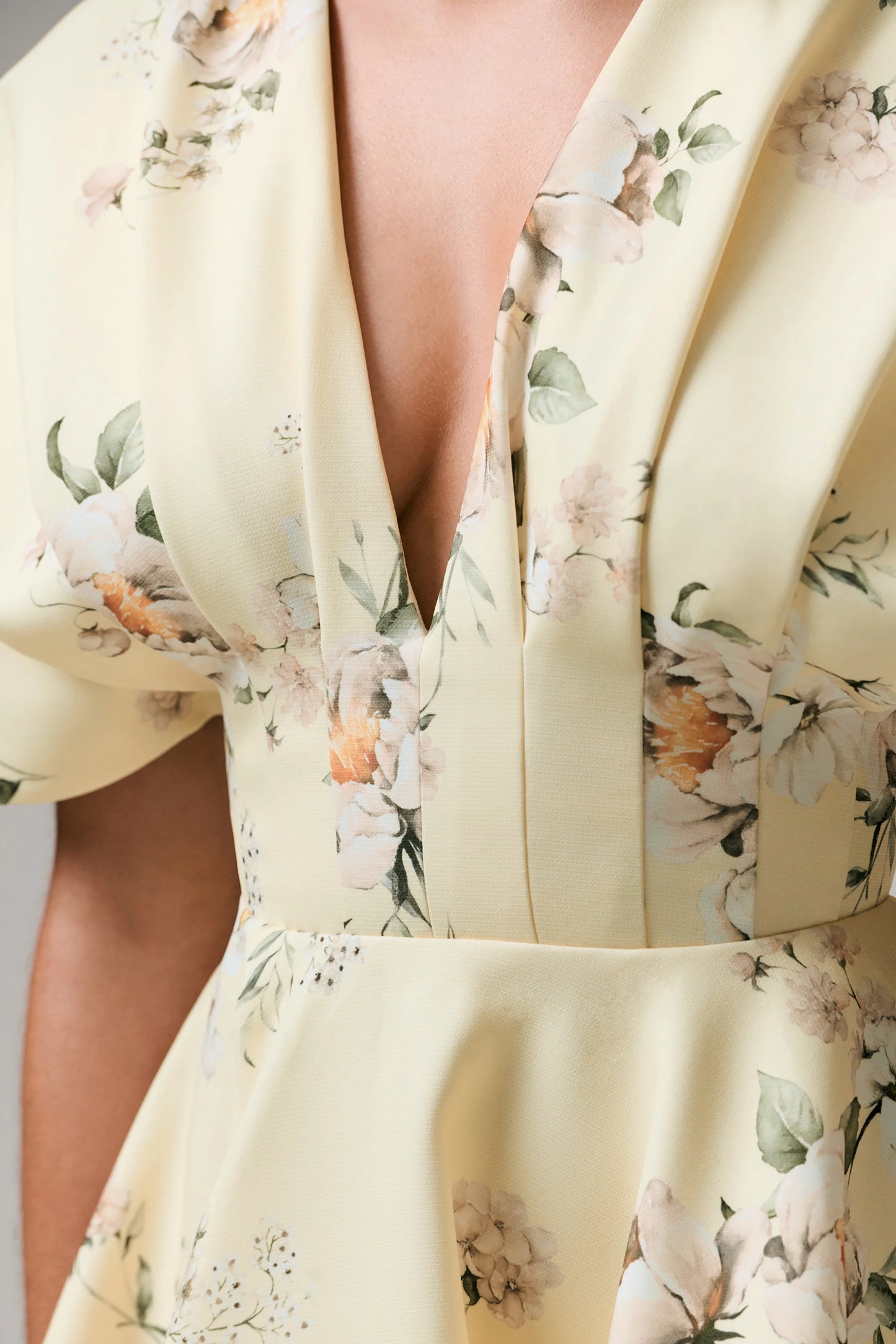 Delight Lemon Print Plunge-Neck Ruffled Mini Dress