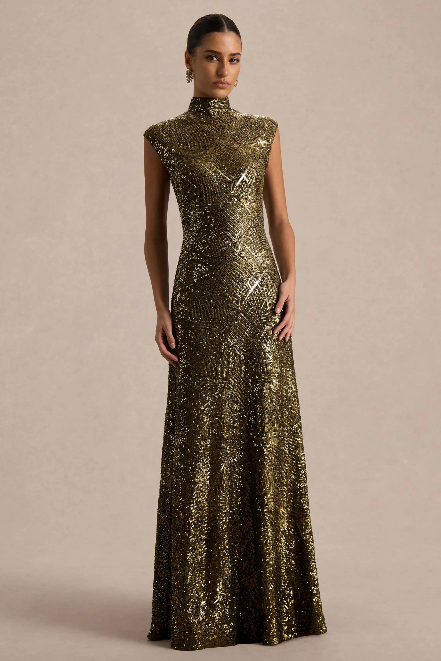 Cecy Khaki Sequin High-Neck Maxi Dress With Cap Sleeves