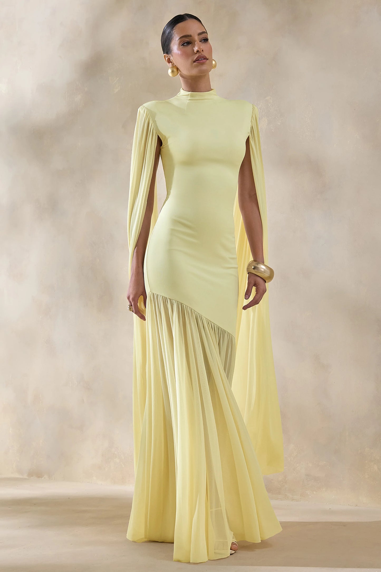 Chantelle Lemon High-Neck Maxi Dress With Drop-Waist And Cape-Sleeves